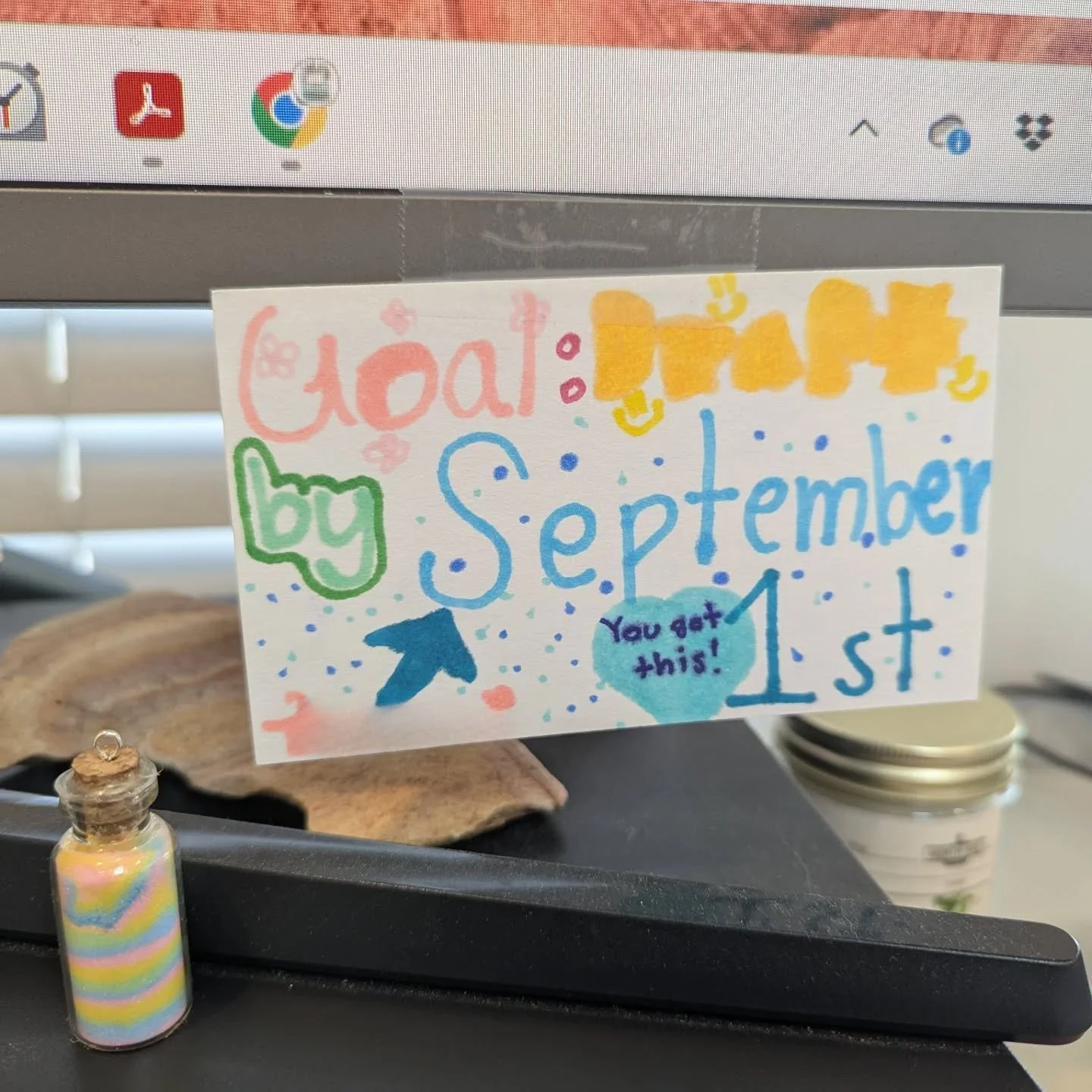 I asked my son to use his artsy skills to make a little goal reminder card for me. He delivered. ❣️ I want to have a finished, bare bones outline draft of my book by September 1st. I have started and restarted so many times and I just want to finish 