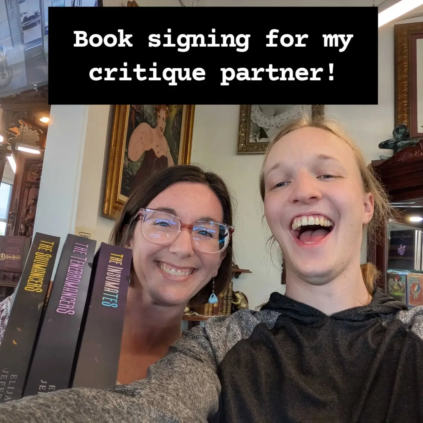 My fabulous critique partner, @elijahjefferyauthor , did a book signing today! Go read his books!!! He's an imaginative and talented fantasy writer. 🤩

Thanks, Marissa's Books, for hosting him!

#booksigning #epicfantasy #darkfantasy
