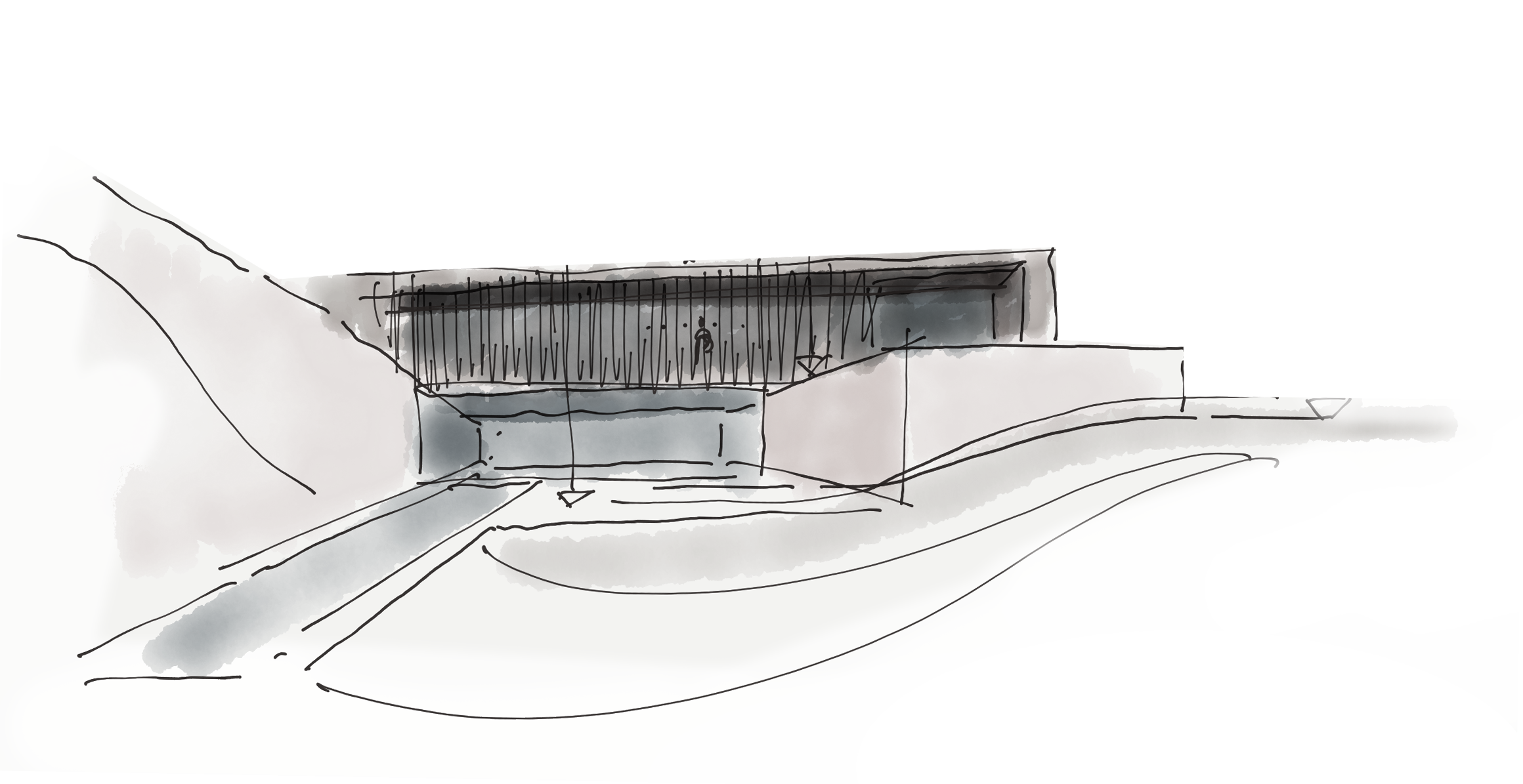 Fletcher Bassi Architecture — Architectural sketch of a modern building with a sloped pathway leading to the entrance.