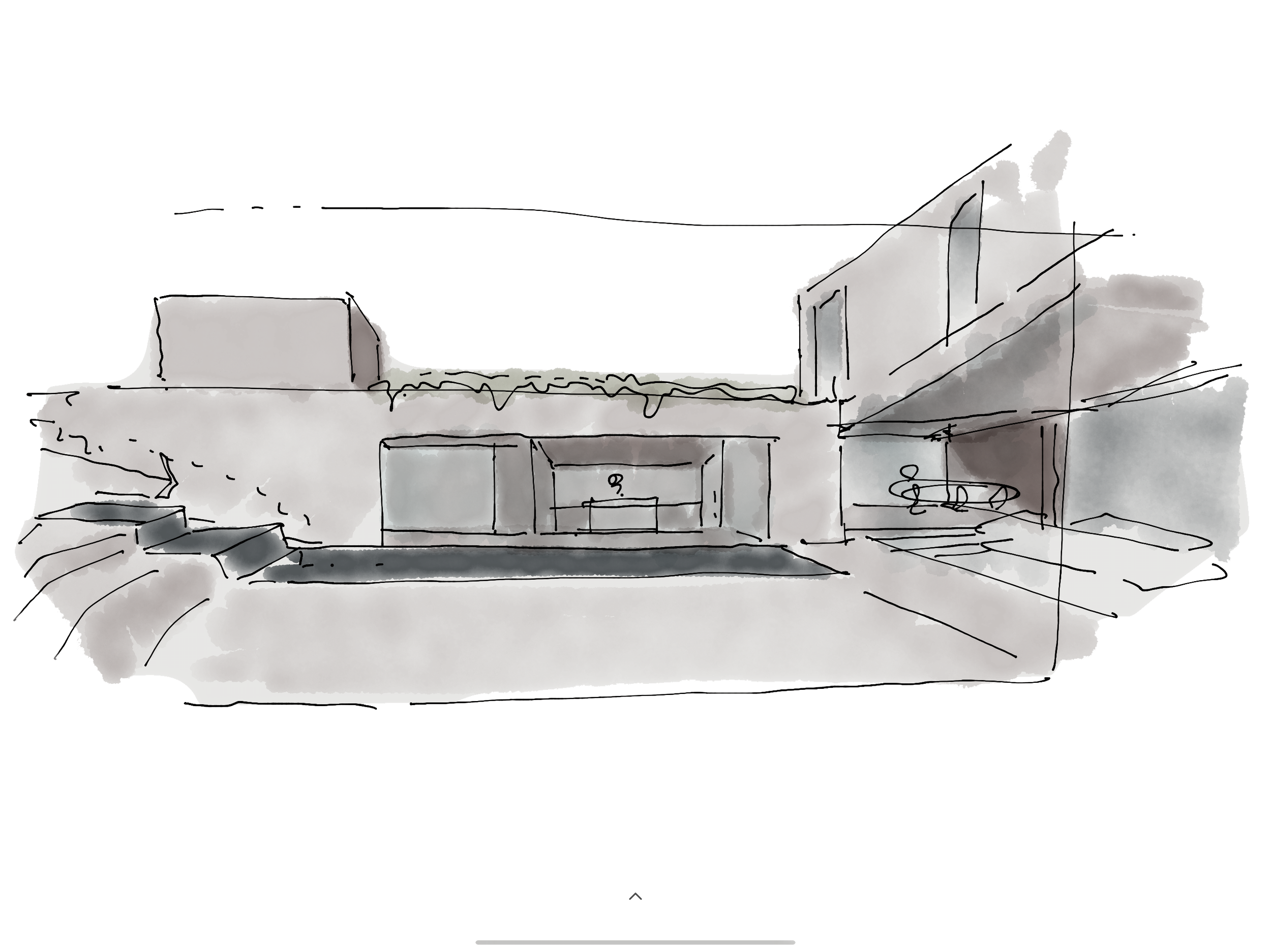 Fletcher Bassi Architecture — Architectural sketch of a modern house with large windows, a flat roof, and minimalist design elements.