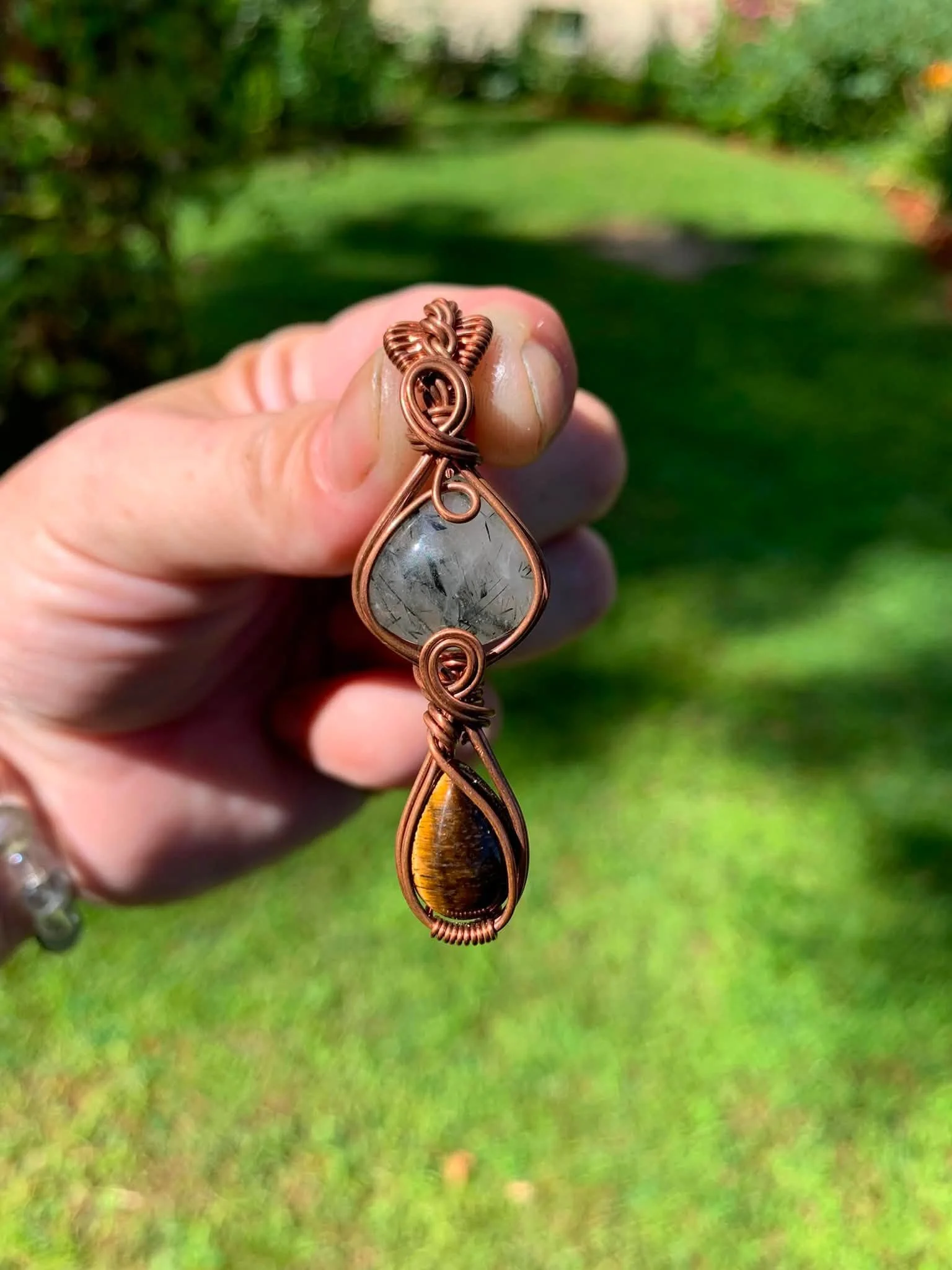 Old Stock Tigers Eye + Green Rutile Quartz Mushroom Pendant