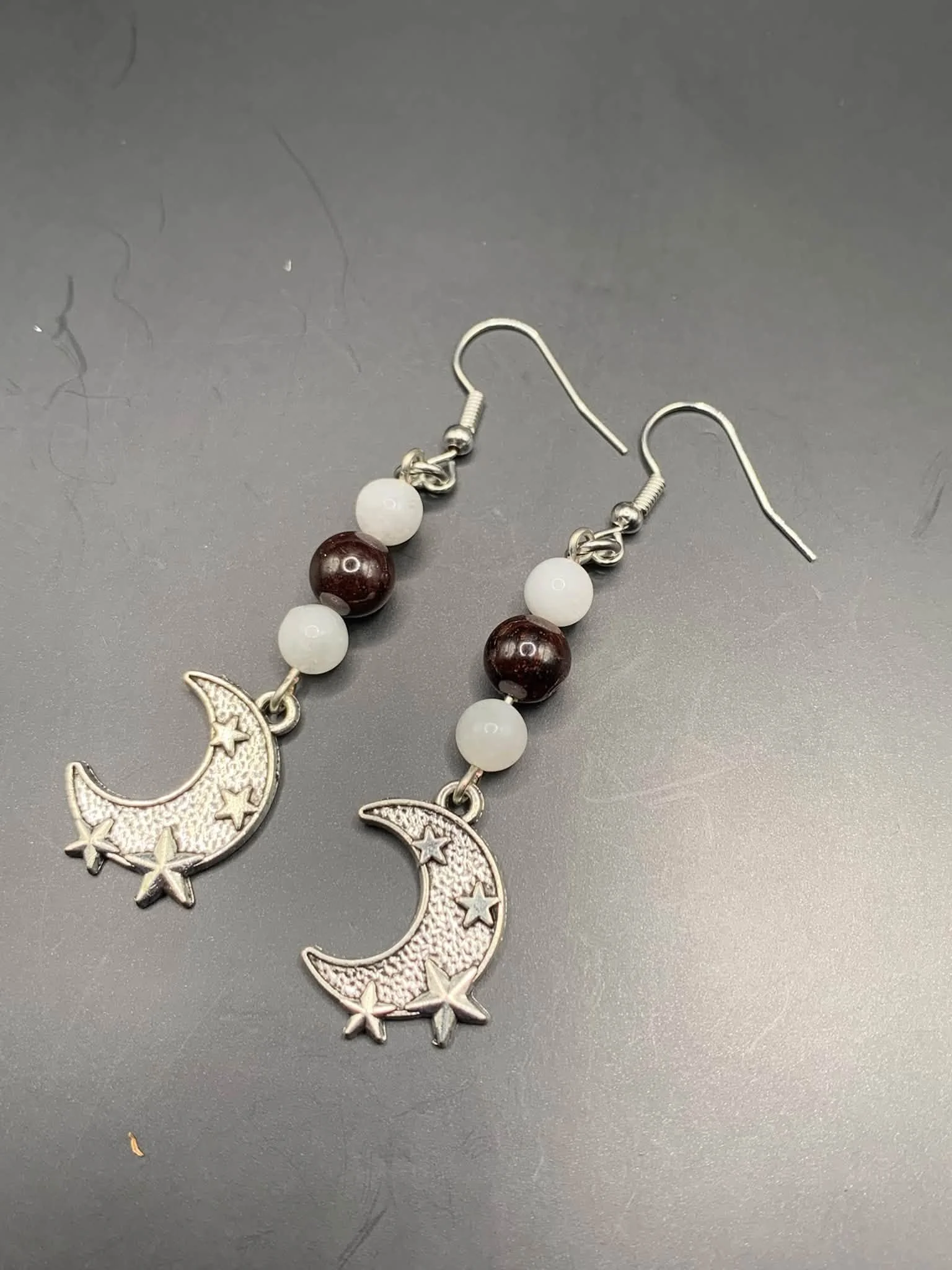 Garnet + White Moonstone Starry Moon Earrings
