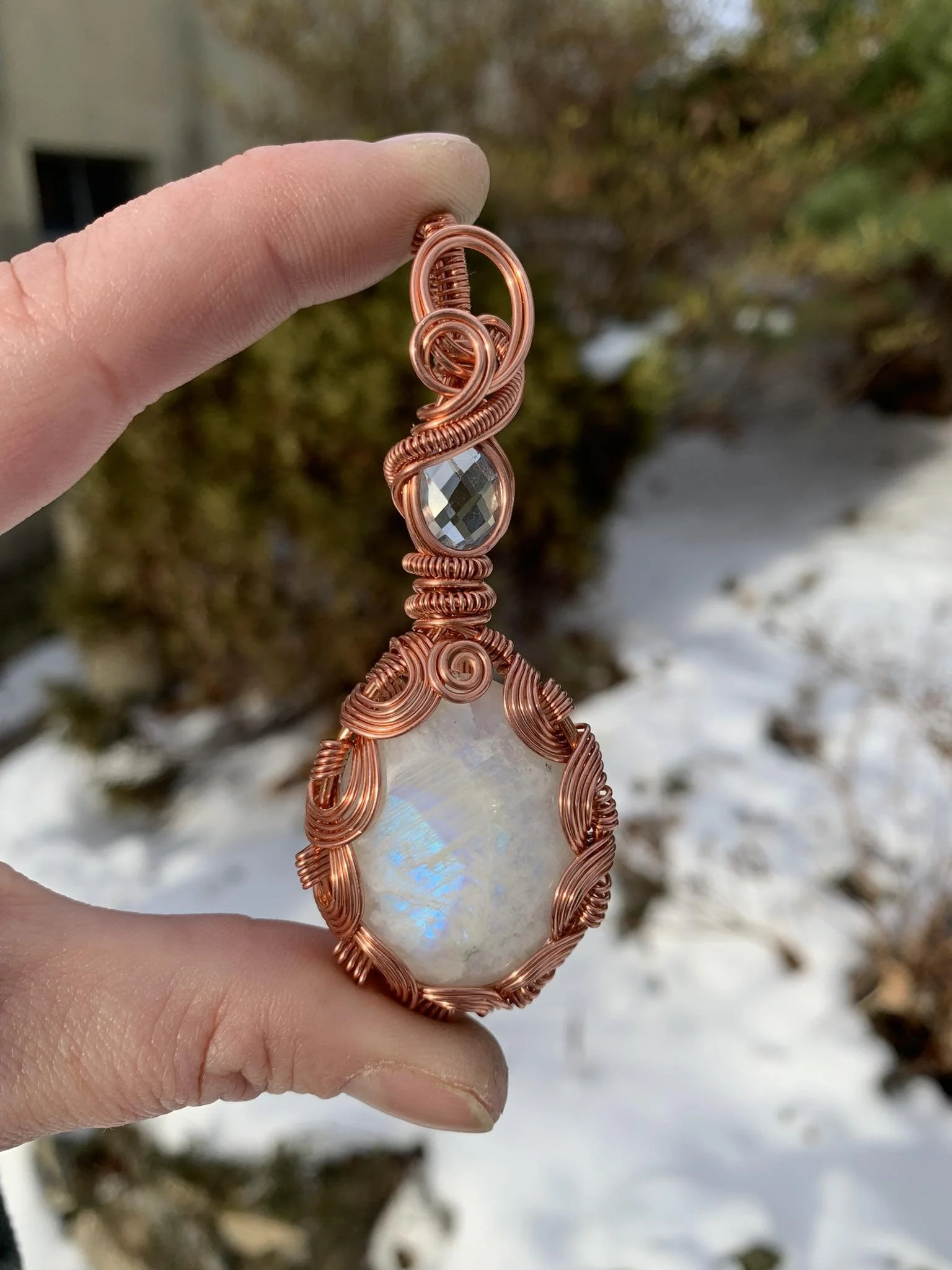 Rainbow Moonstone + Blue Topaz Pendant