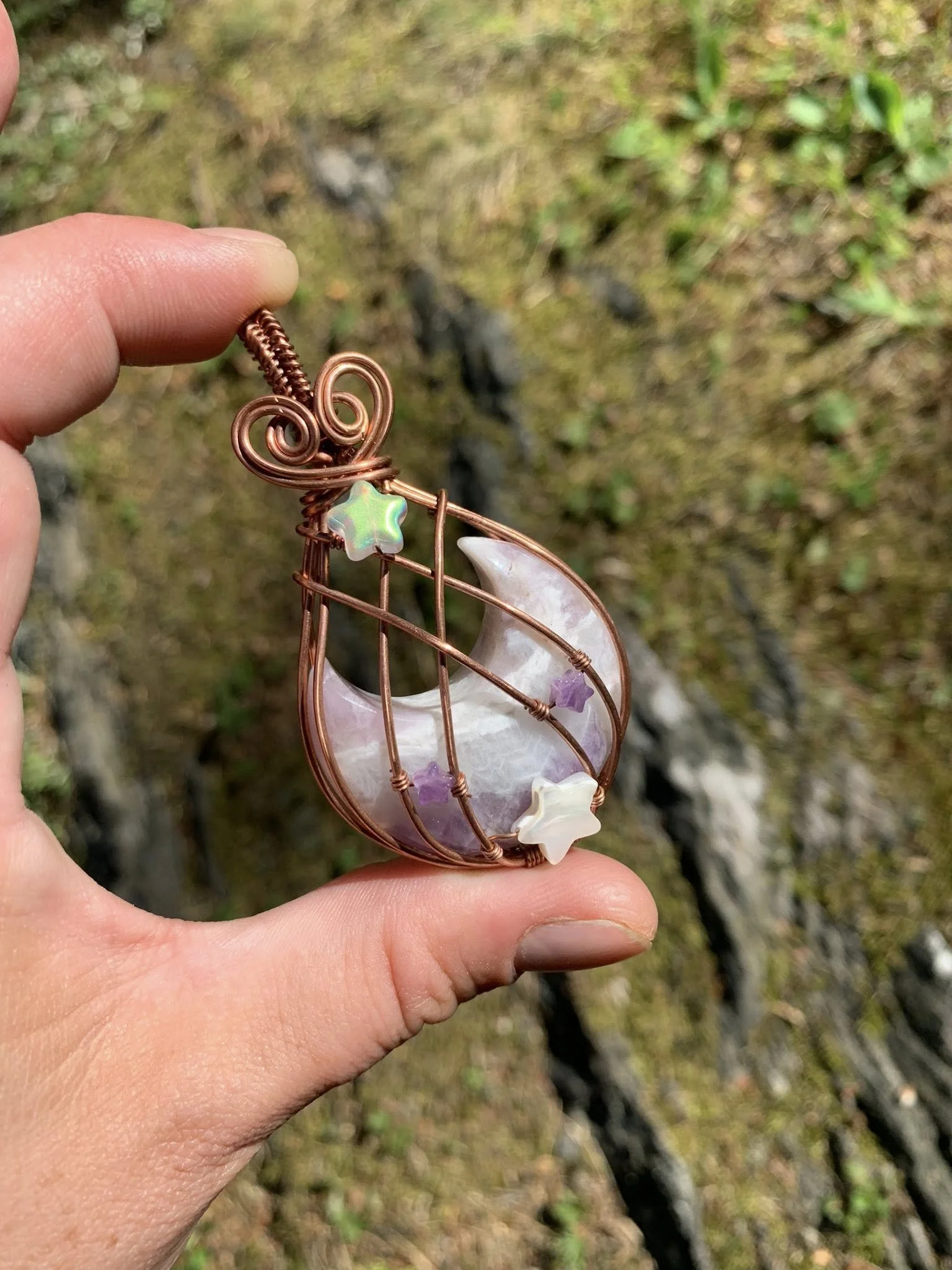 Chevron Amethyst Moon Pendant