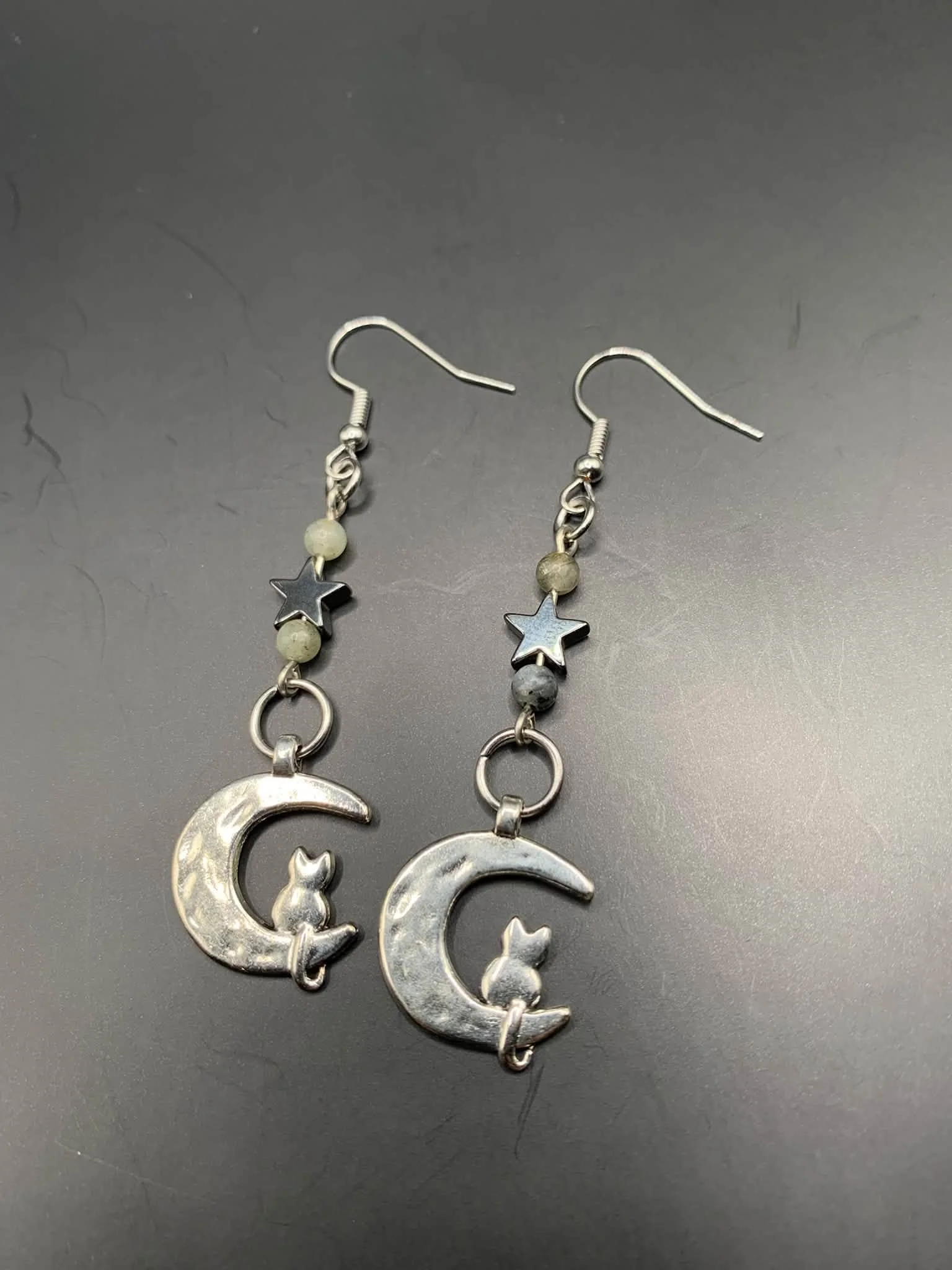 Hematite + Labradorite Moon Cat Earrings