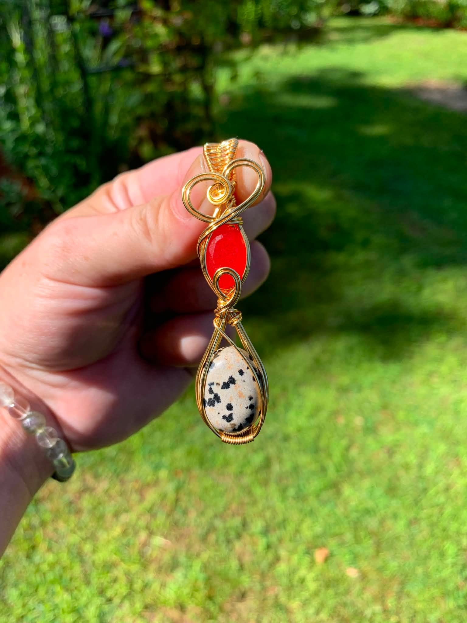 Old Stock Dalmation Jasper + Faceted Dyed Quartz Pendant