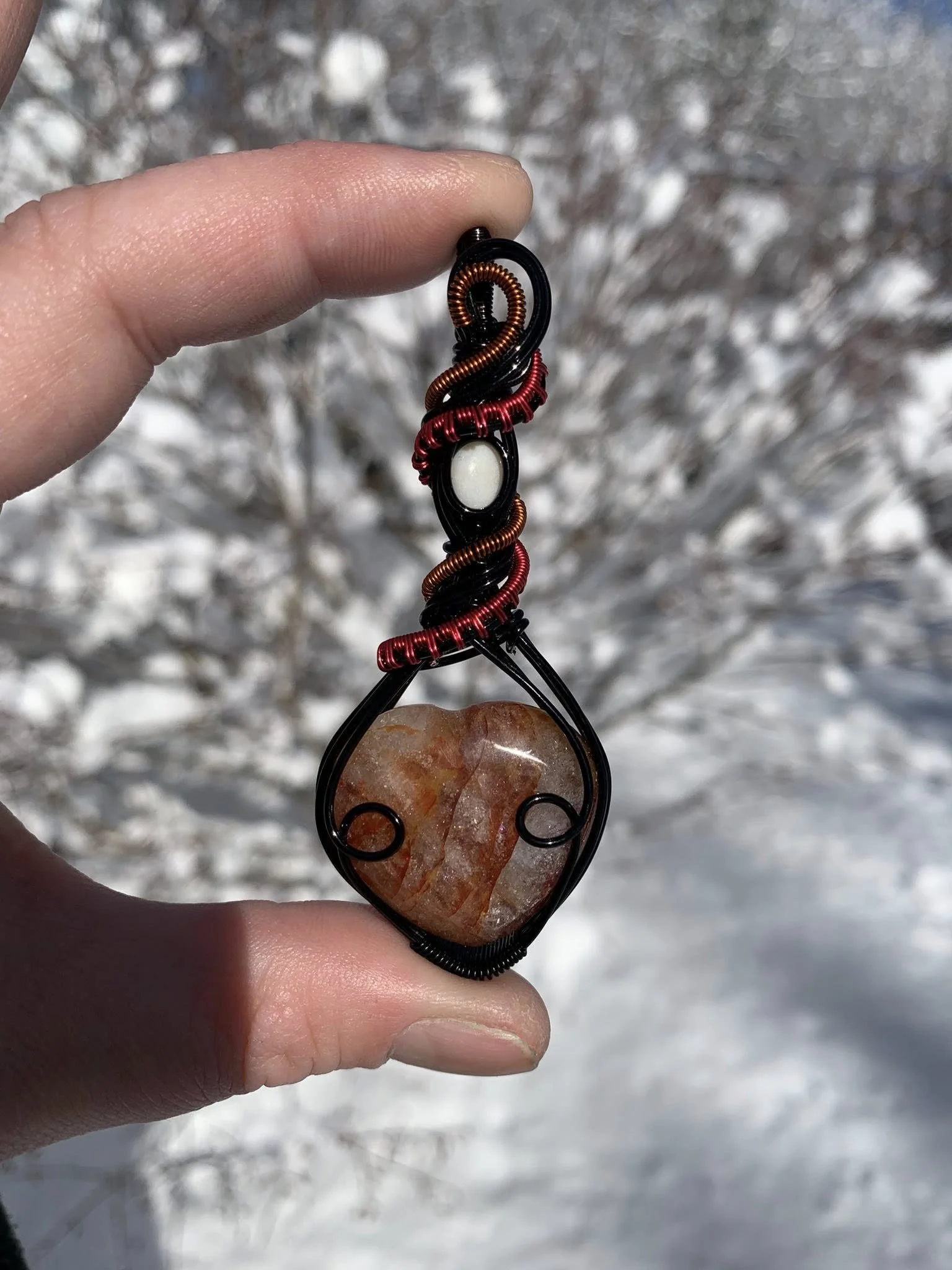 Red Hematoid Quartz + White Opal Pendant