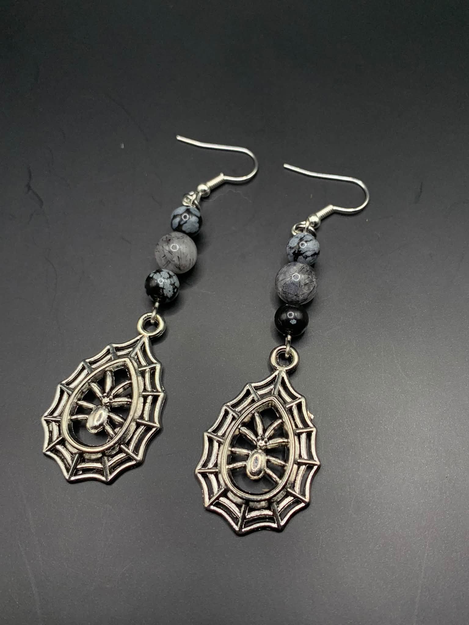 Black Tourmaline Quartz + Snowflake Obsidian Spiderweb Earrings