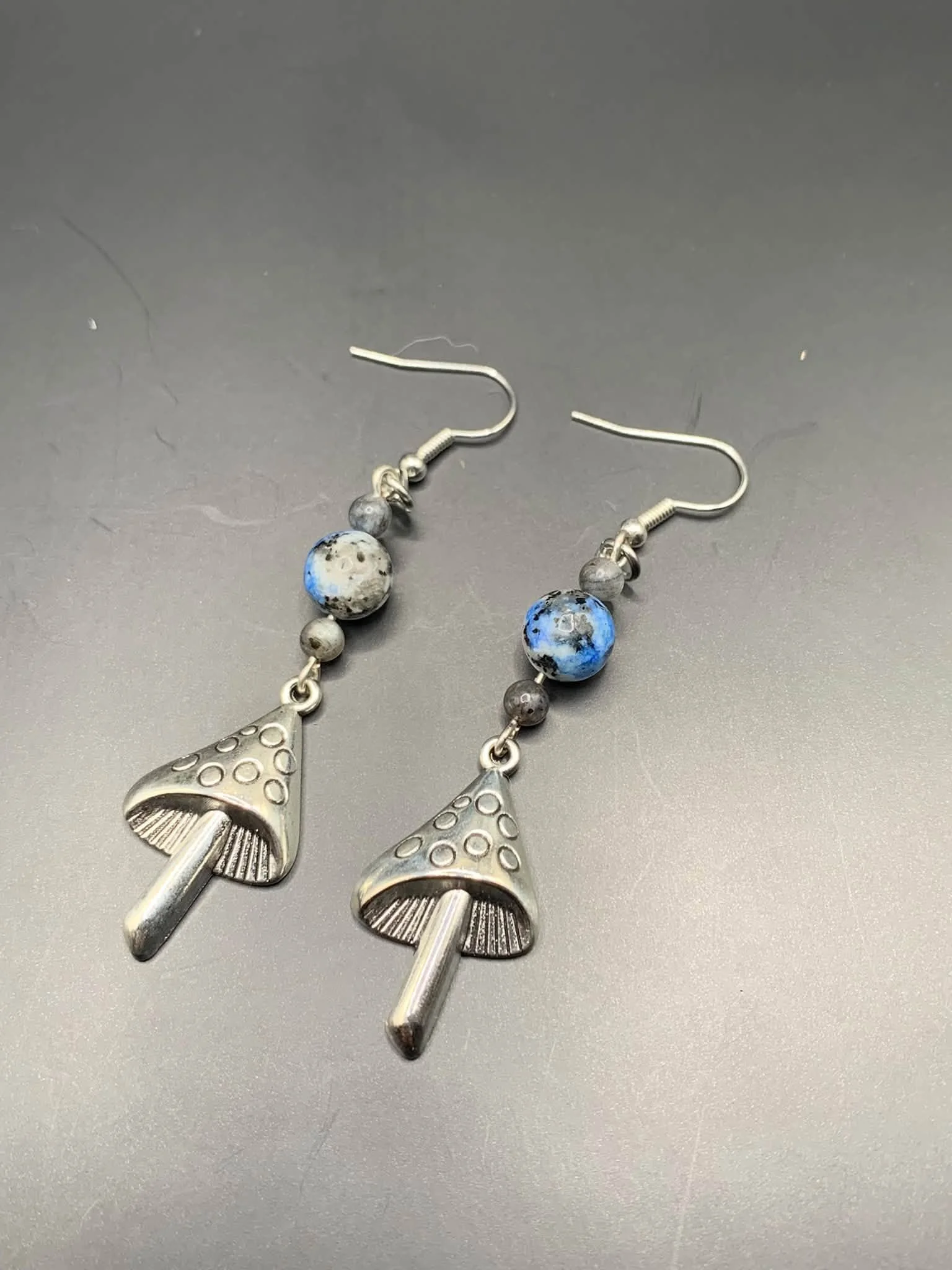 K2 + Larvikite Mushroom Earrings