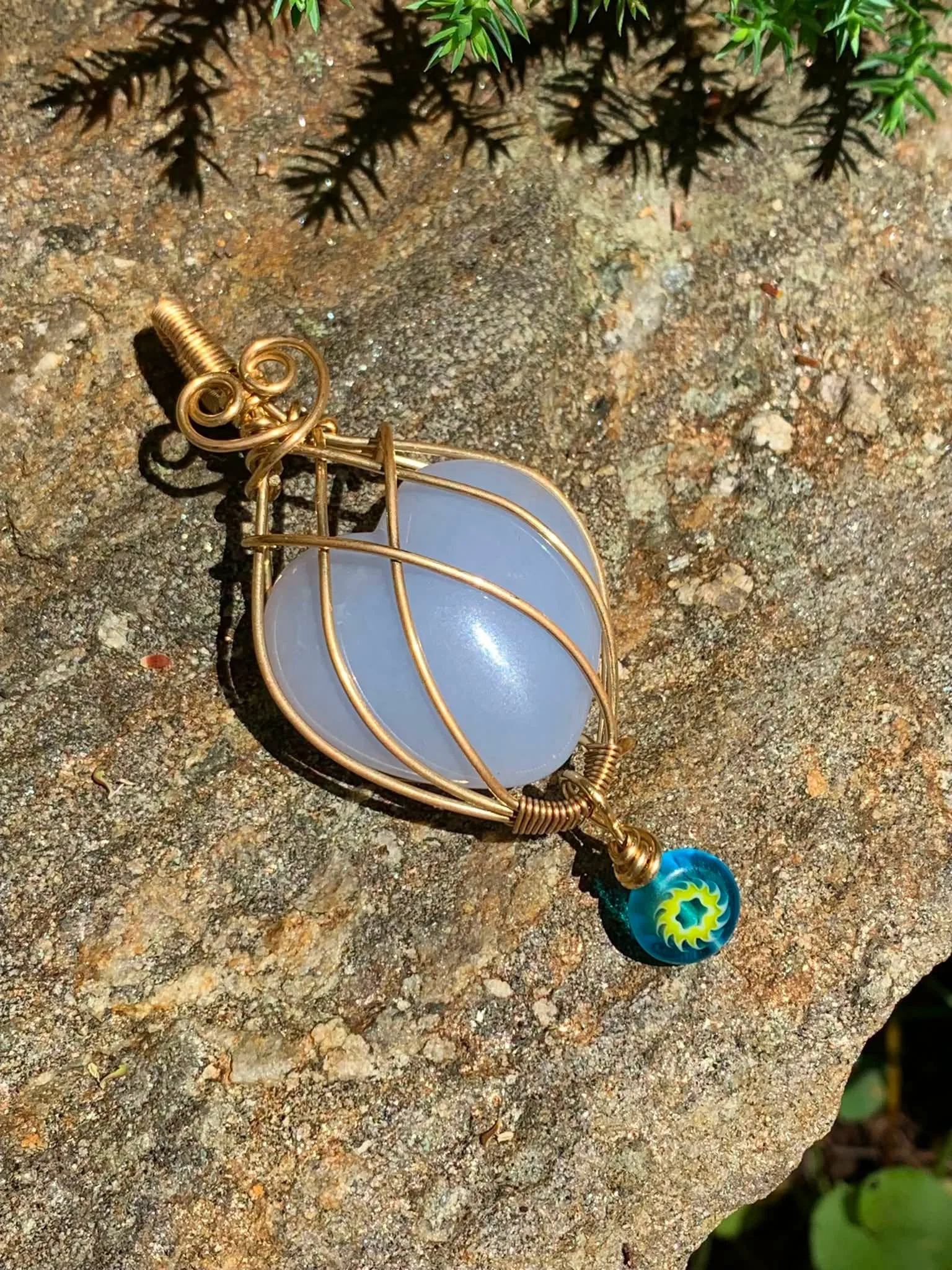 Blue Chalcedony + Millefiori Glass Pendant