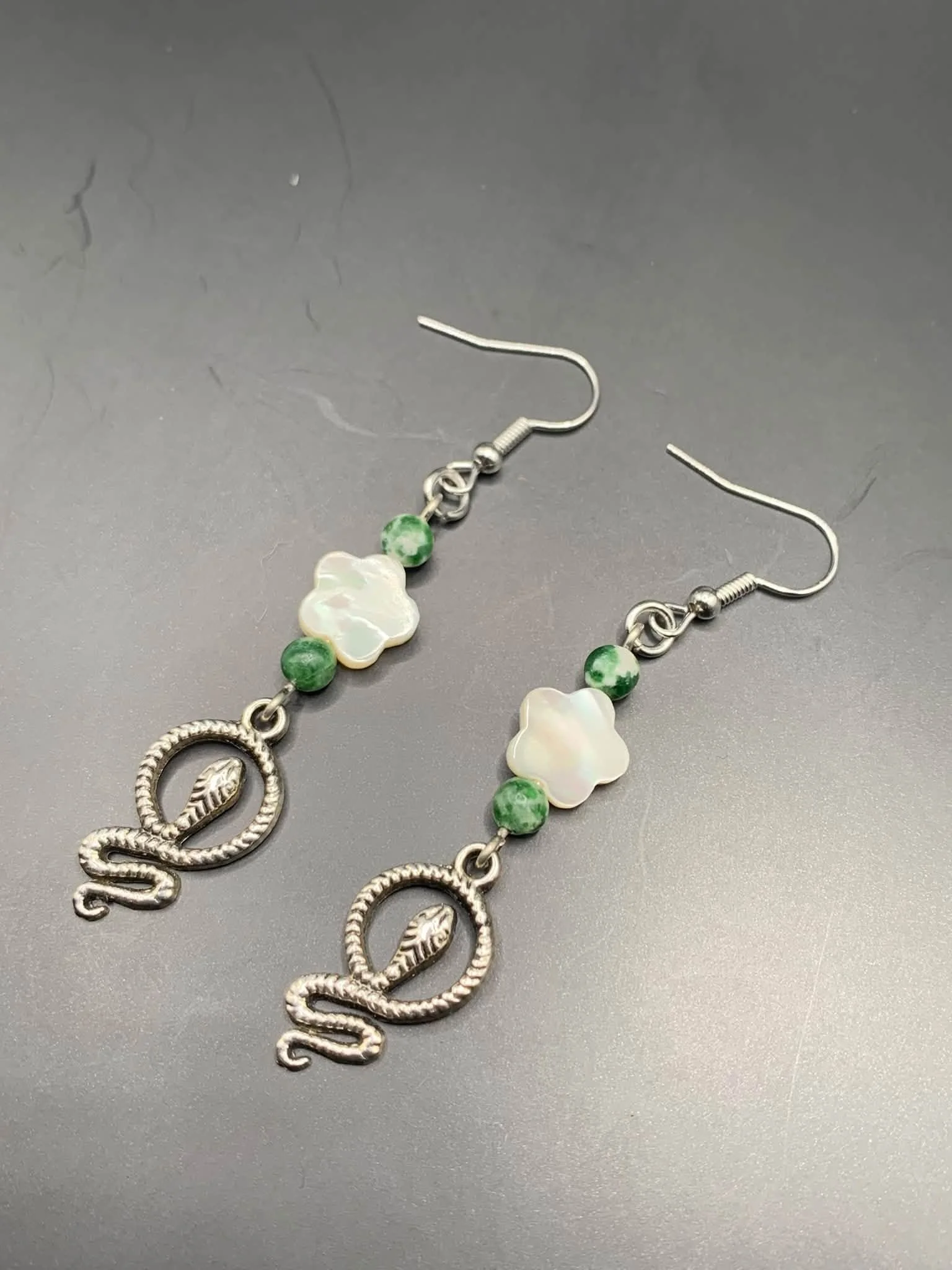 Mother of Pearl + Tree Agate Floral Snake Earrings