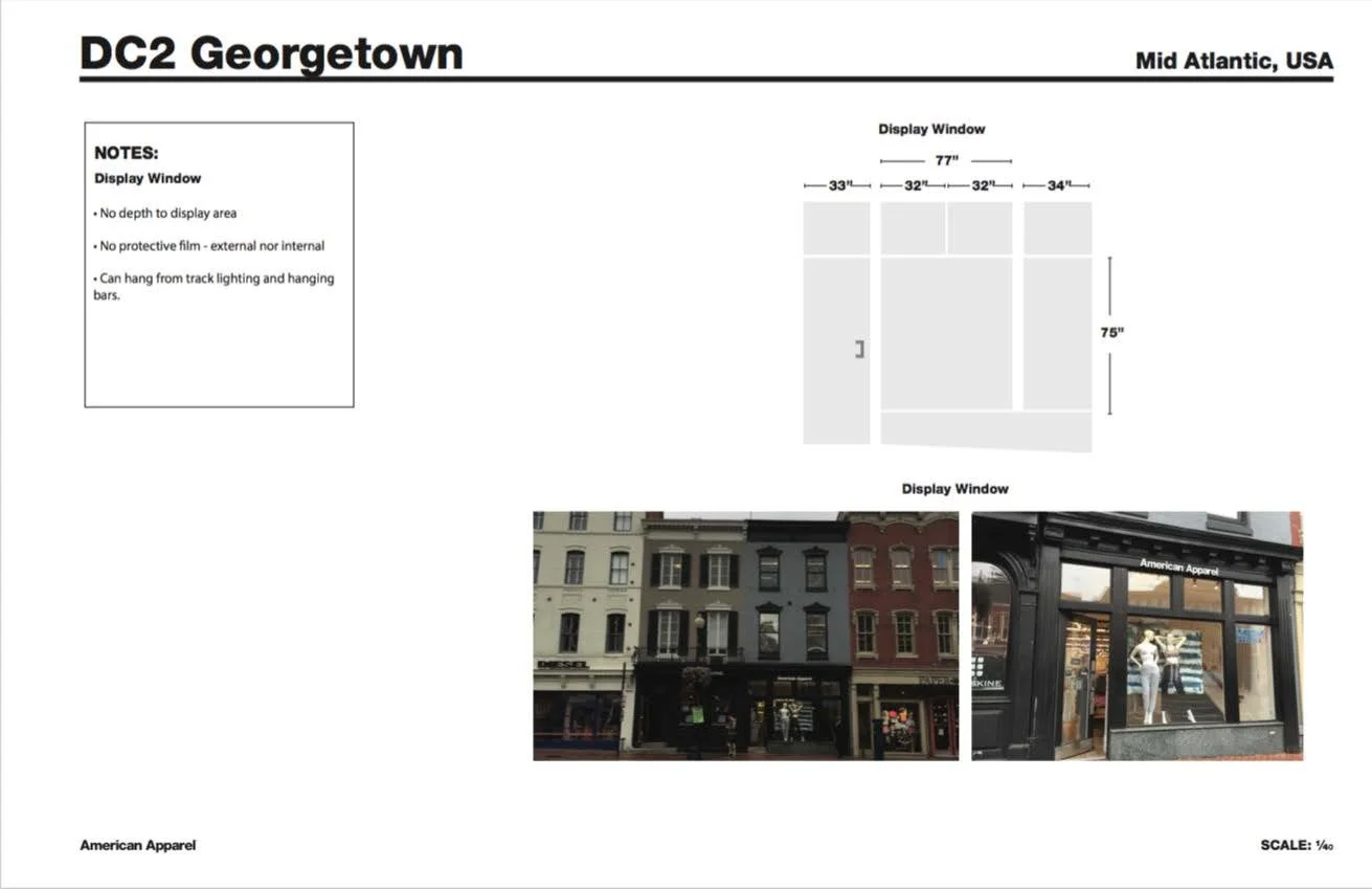 Blueprint layout of a display window for American Apparel in Washington, D.C., with measurements and two photos of store facades.