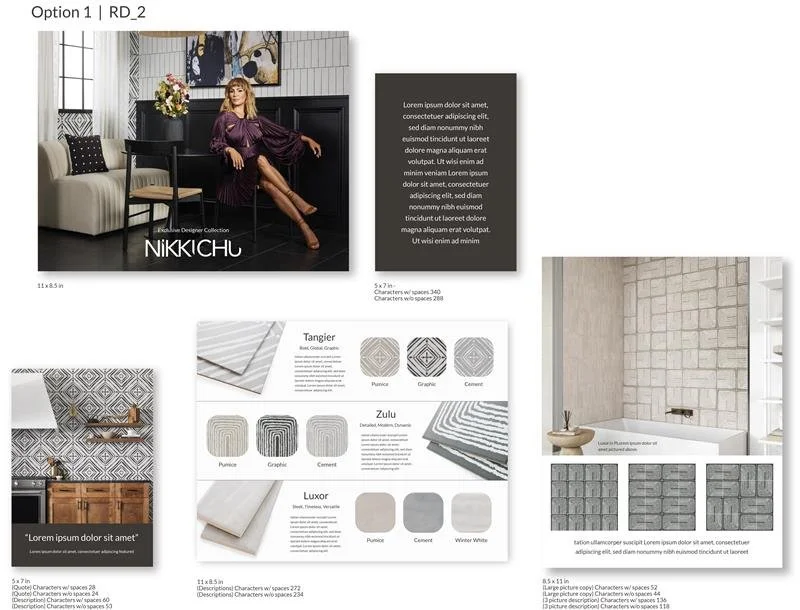 Interior design mood board featuring a woman sitting on a black bench in a modern room, sample tiles, and wallpaper textures, with text and sample layout designs.