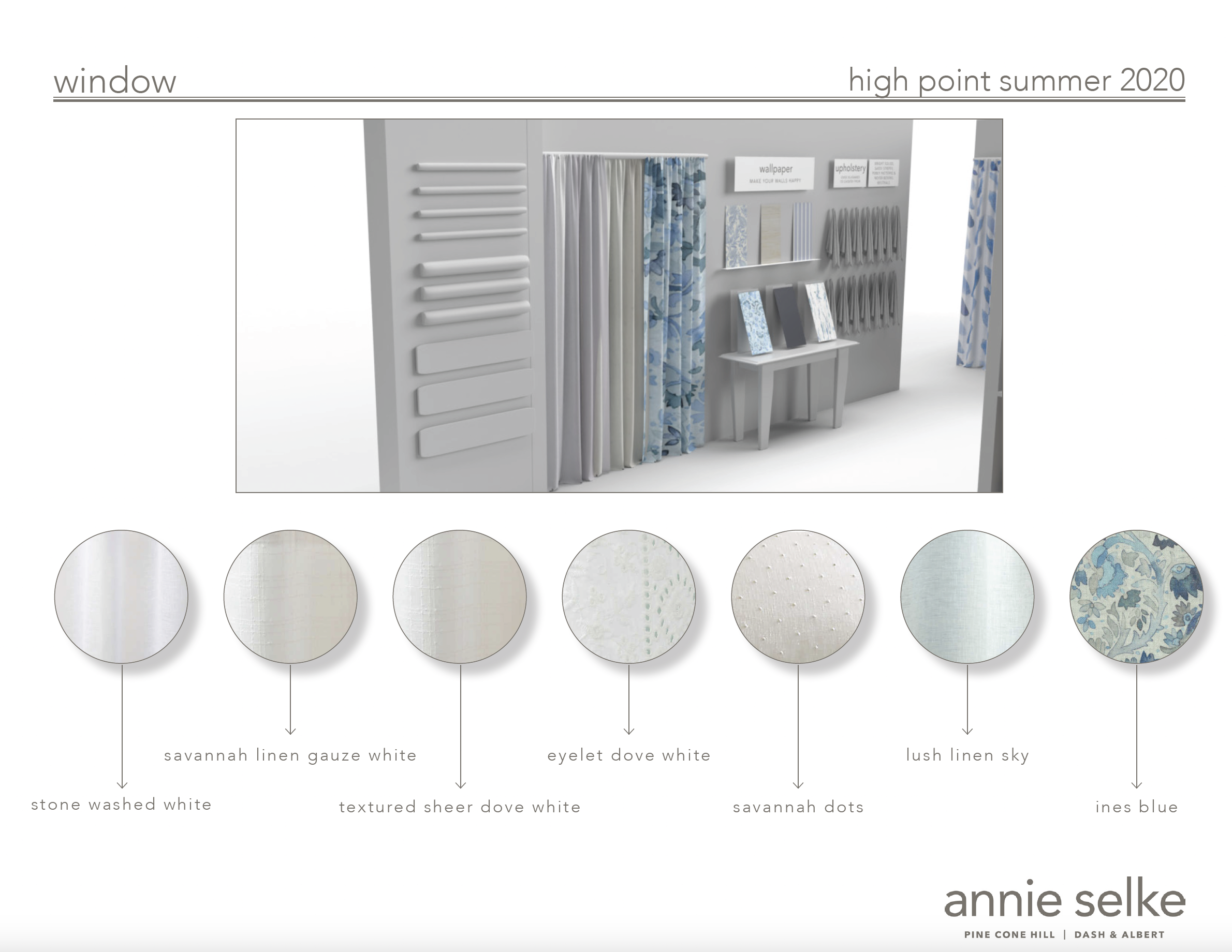 Display of fabric or wallpaper swatches in shades of white and blue, with a sectional view showing various patterns including linen, dove white, dots, sky, and paisley. The setting appears to be a showroom or design studio.