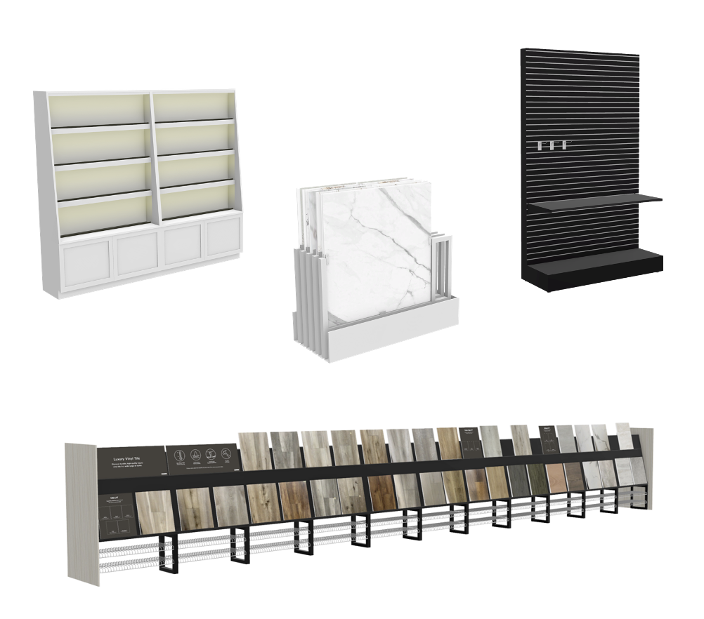 Display of various shelving units and tile samples, including white shelves, marble tile sample, black slatwall with hooks and shelf, and a selection of wood and tile samples on a display rack.