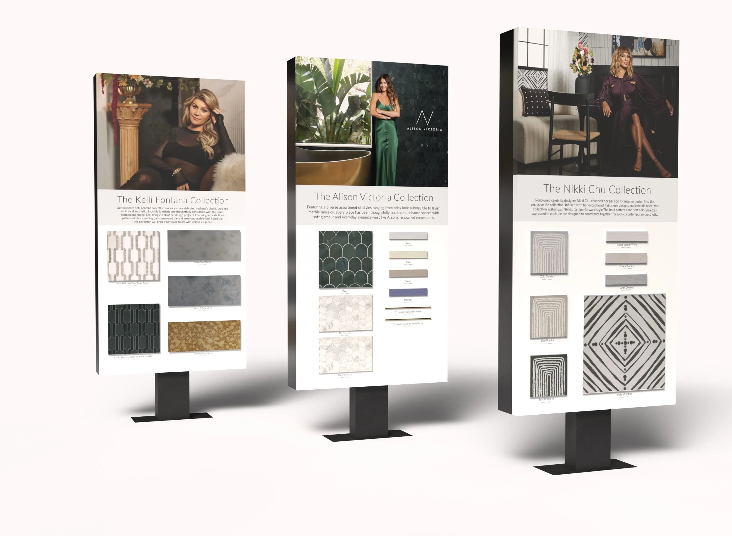 Three freestanding display panels featuring interior design collections with images of women and fabric or tile samples, descriptions, and color options, set against a plain white background.
