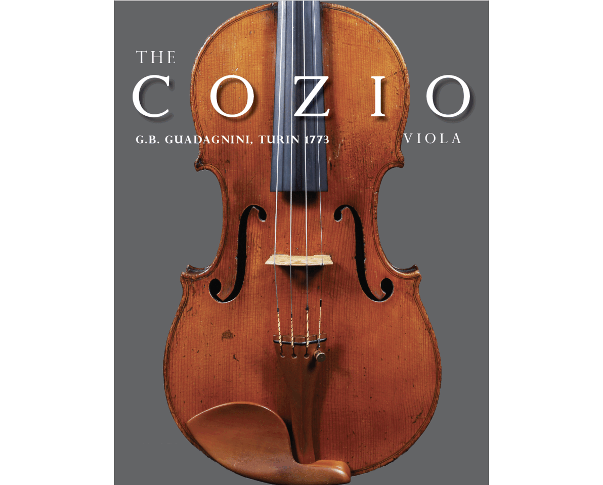 Close-up of the "Cozio" viola by G.B. Guadagnini, Turin 1773, displayed against a gray background with text describing its origin.