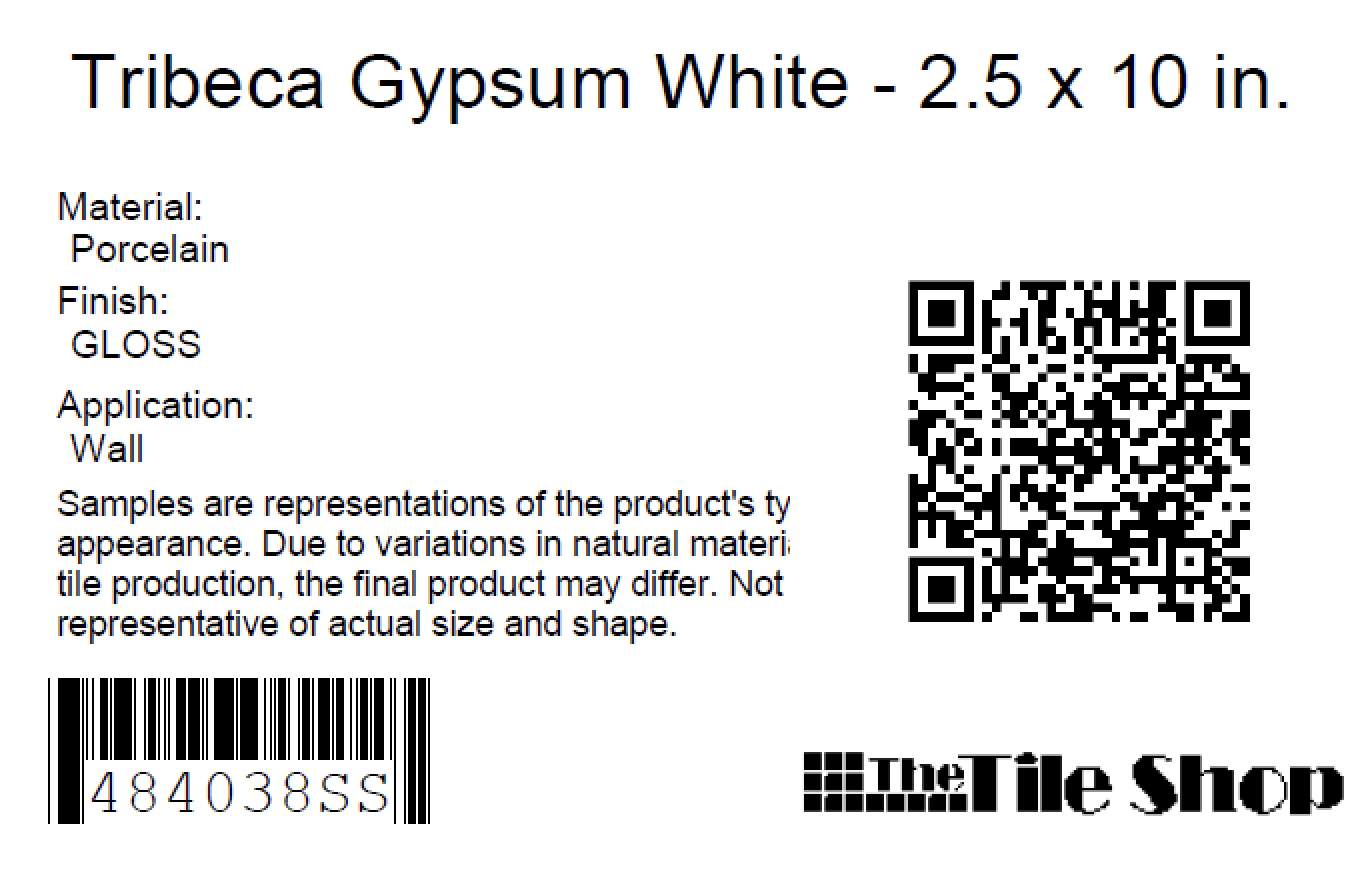 Product label for Tribeca Gypsum White tile, size 2.5 x 10 inches, made of porcelain with a gloss finish for wall application. Includes a QR code, barcode.