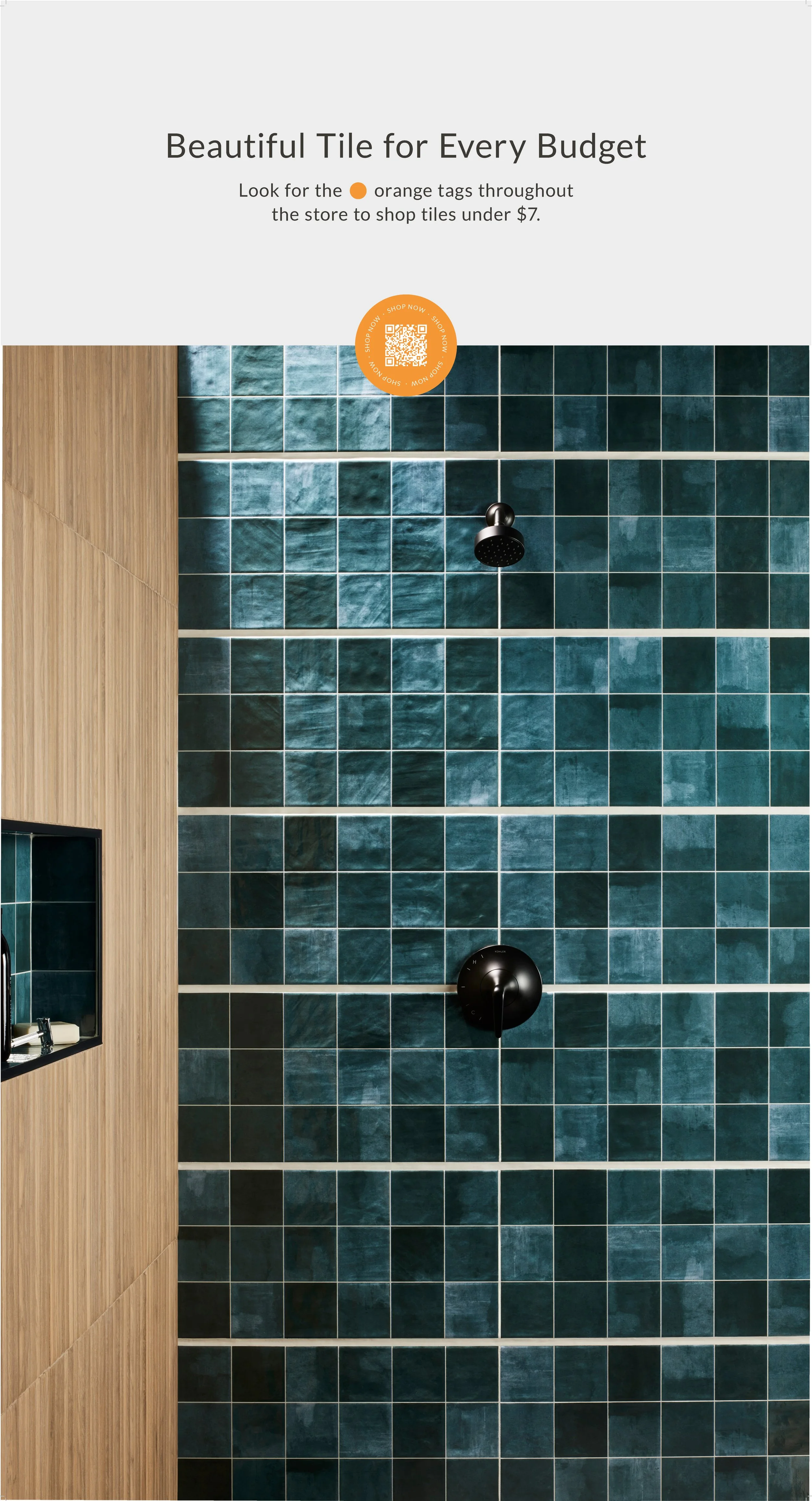 Green tiled shower wall with wooden accent, black showerhead, and promotional text for budget tiles with QR code.
