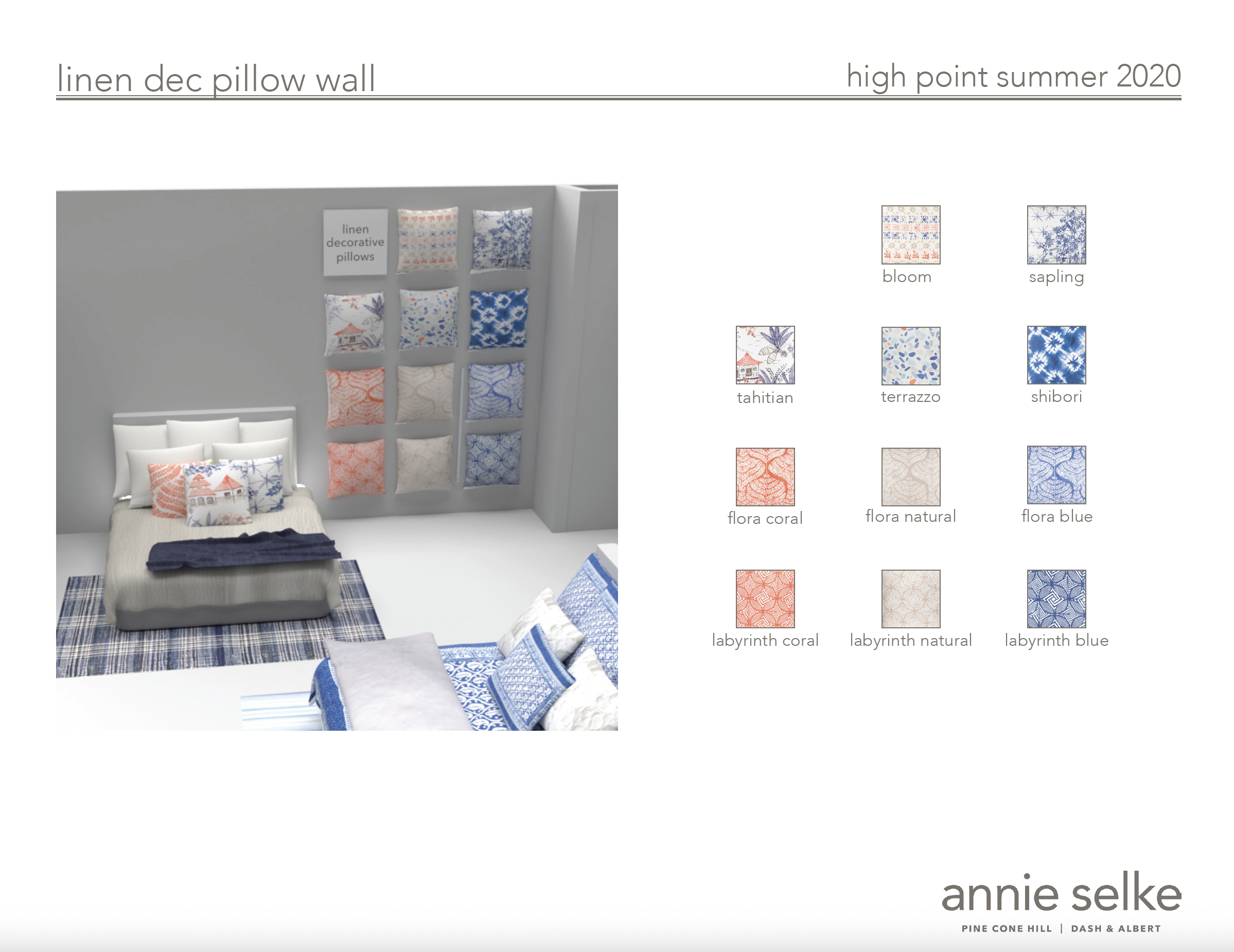 Display of decorative pillows with blue, coral, and neutral patterns on a bed, and nine fabric swatches for pillow designs on the wall, labeled with names like bloom, sapling, tahitian, terrazzo, shibori, flora coral, flora natural, flora blue, labyrinth coral, labyrinth natural, and labyrinth blue.
