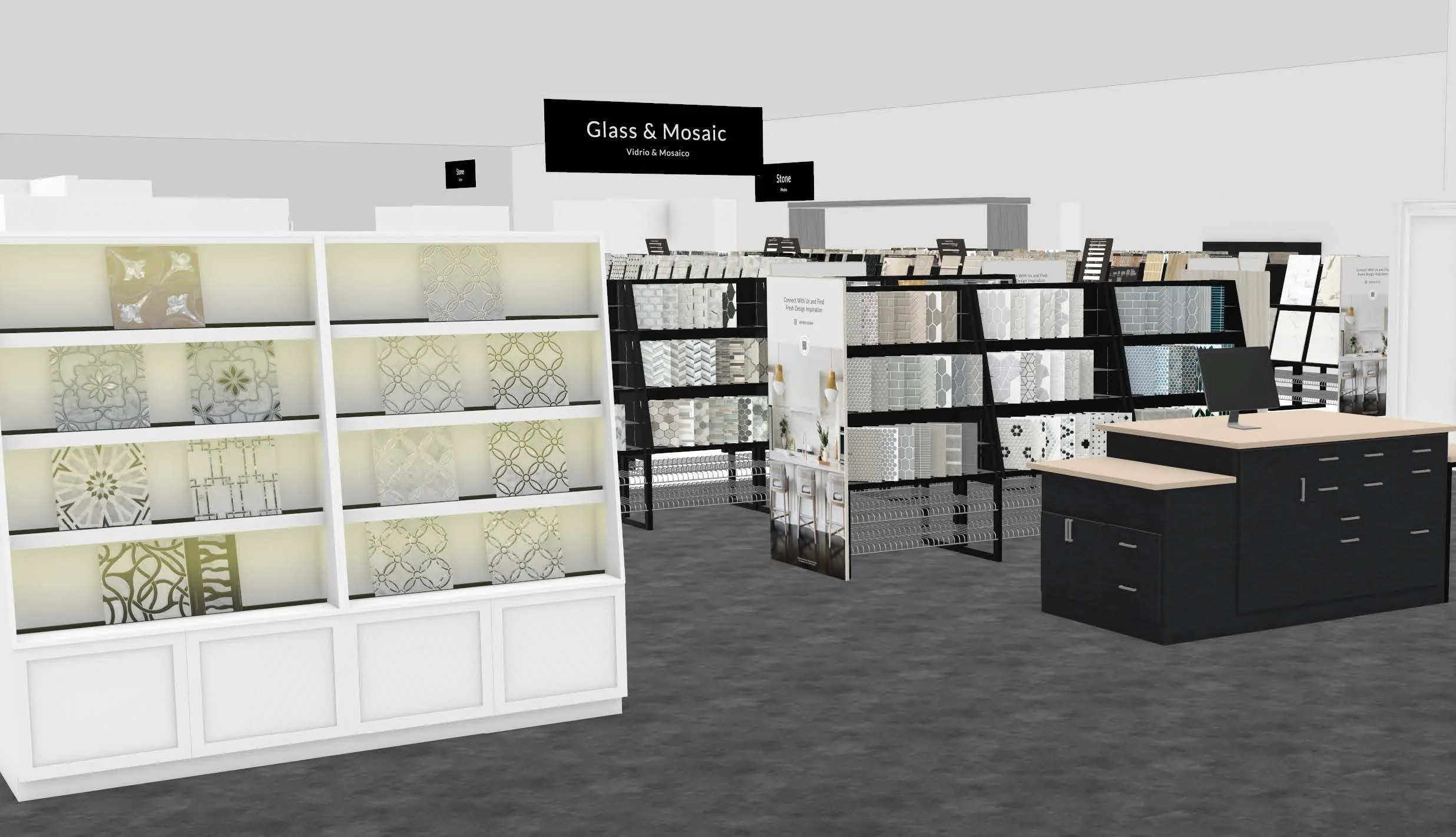 Home improvement store display with tile samples and a black display counter.