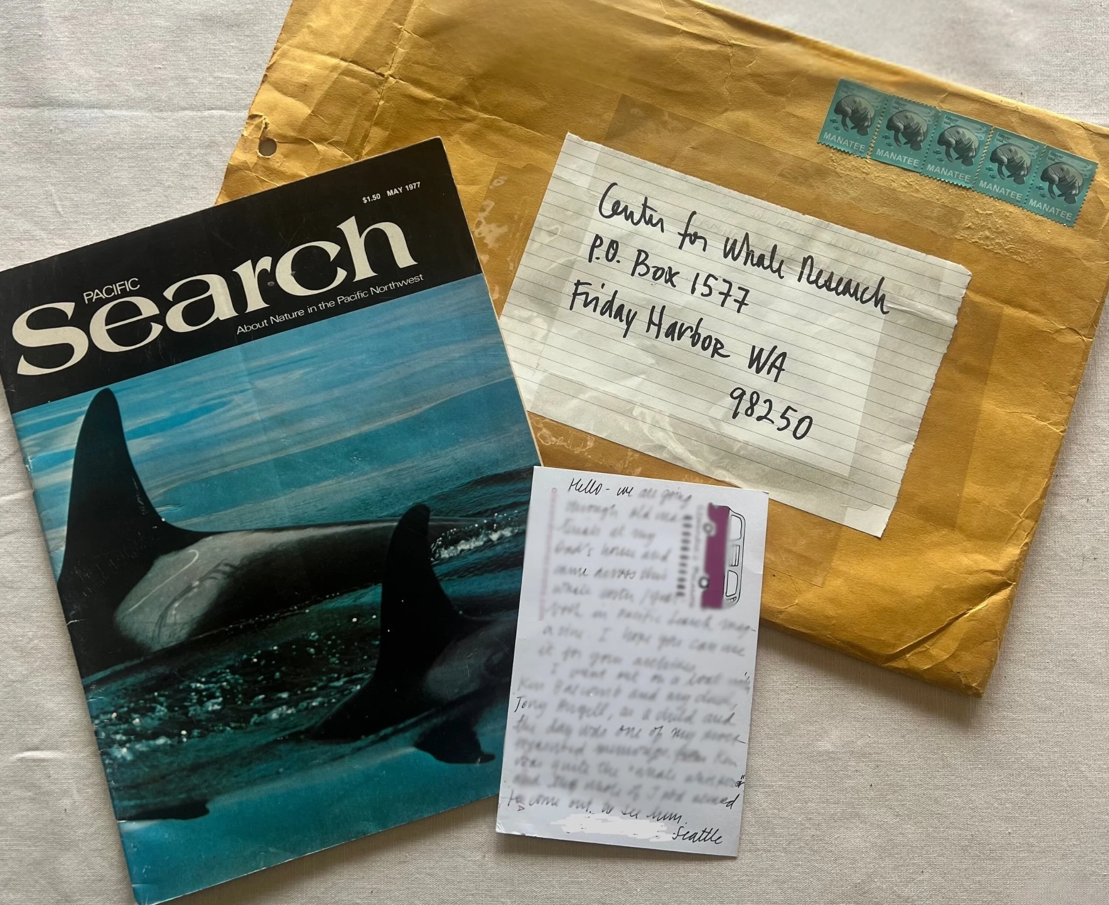Pacific Search magazine, mailing envelope, and postcard