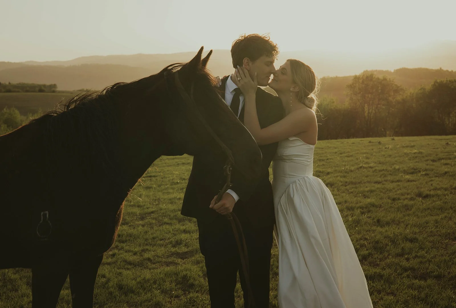 A wedding couple in wedding attire kissing and embracing near a black horse outdoors during sunset, with mountains and trees in the background.