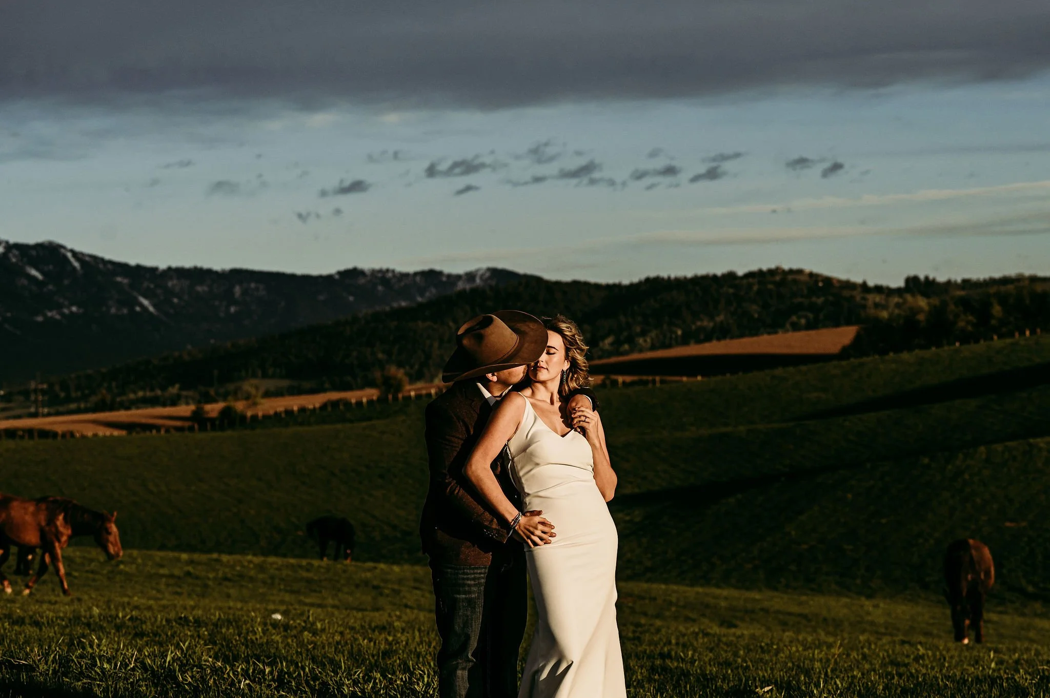 A couple kissing in a field at sunset, with rolling hills and mountains in the background, and horses grazing nearby.