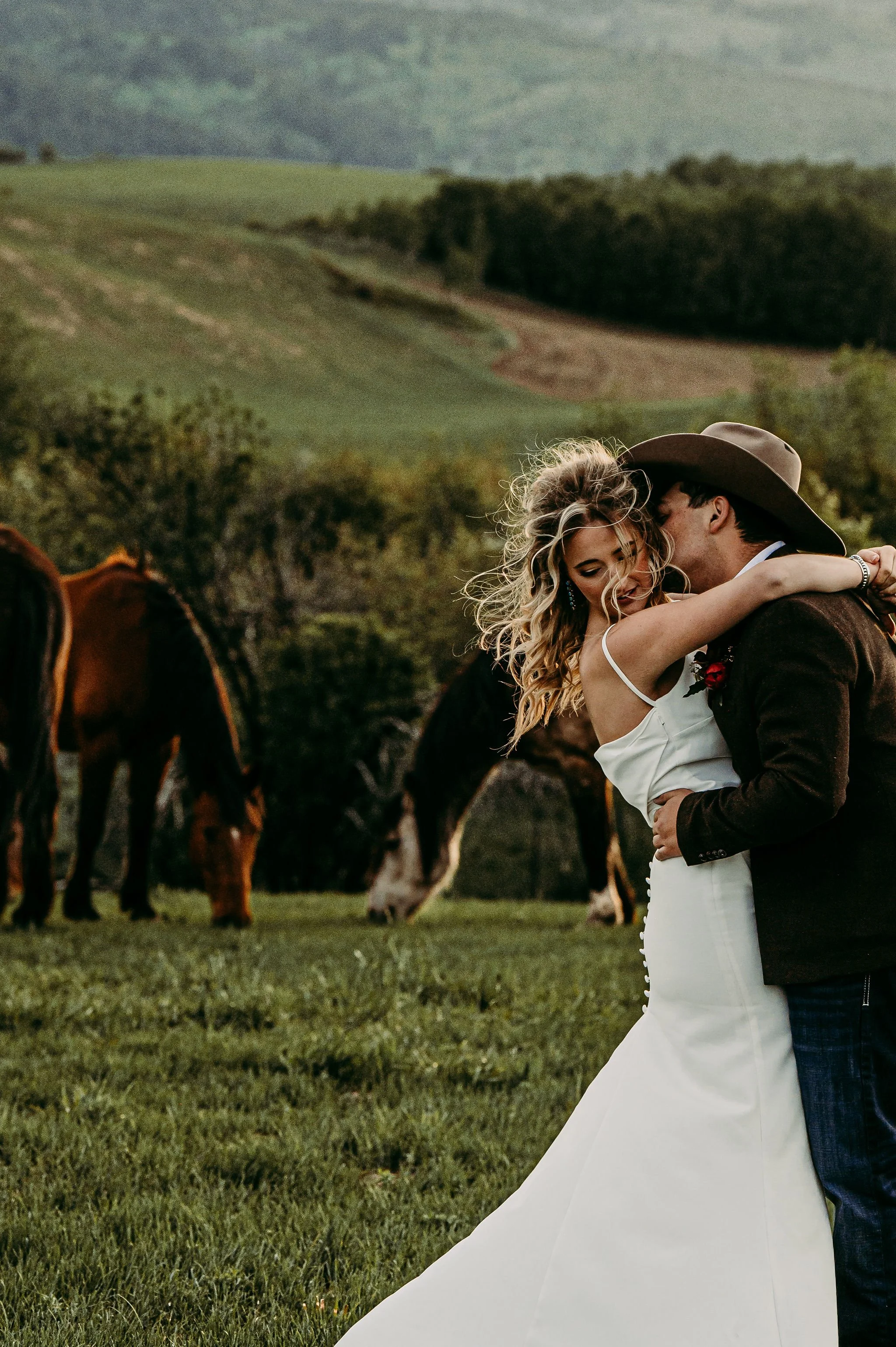 A bride and groom romantically embracing outdoors, with horses grazing in the background and rolling green hills.