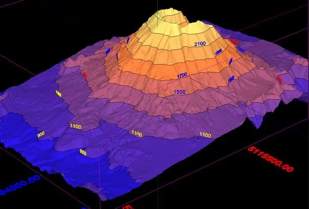 Color-coded 3D topographic map showing varying elevation levels with contour lines and numeric labels