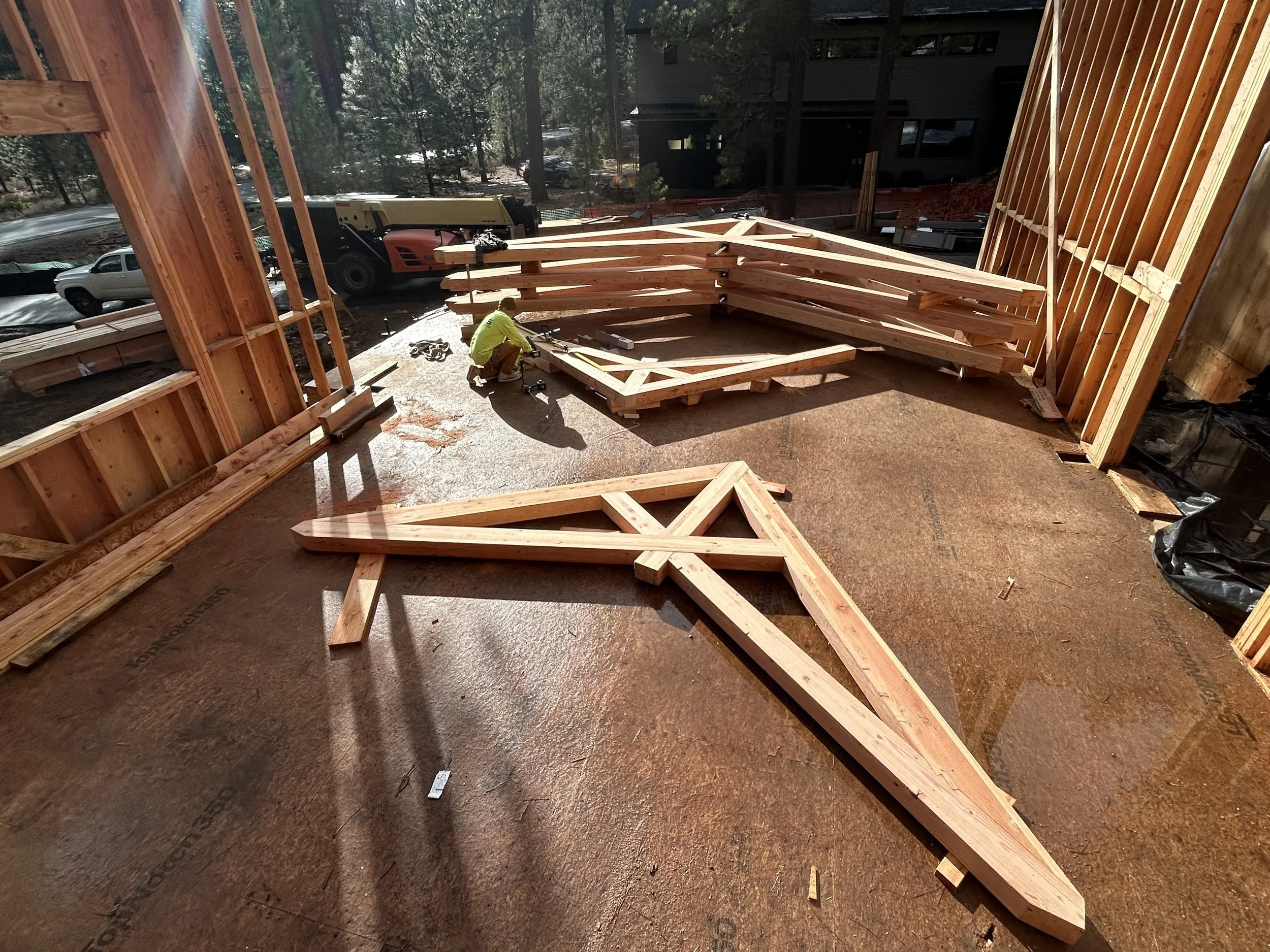 Scissor Trusses assembled on-site, ready for installation.