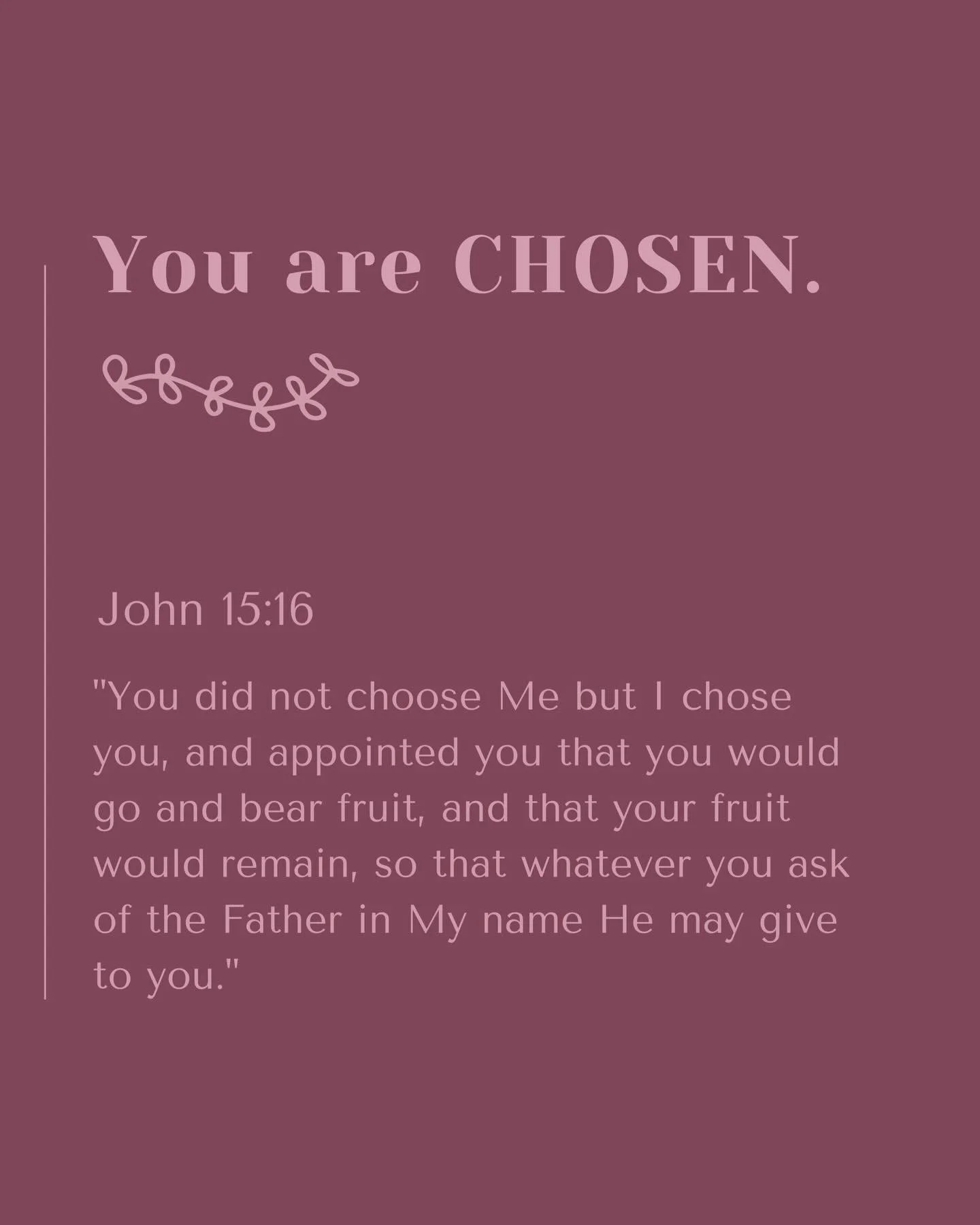 A reminder your heart can rest in:
You are chosen.
Chosen to bear fruit.
Chosen to walk with Him.
Chosen to be loved.
John 15:16 🤍✨

#FaithApparel #YouAreChosen #WearYourFaith #BeLovedCo