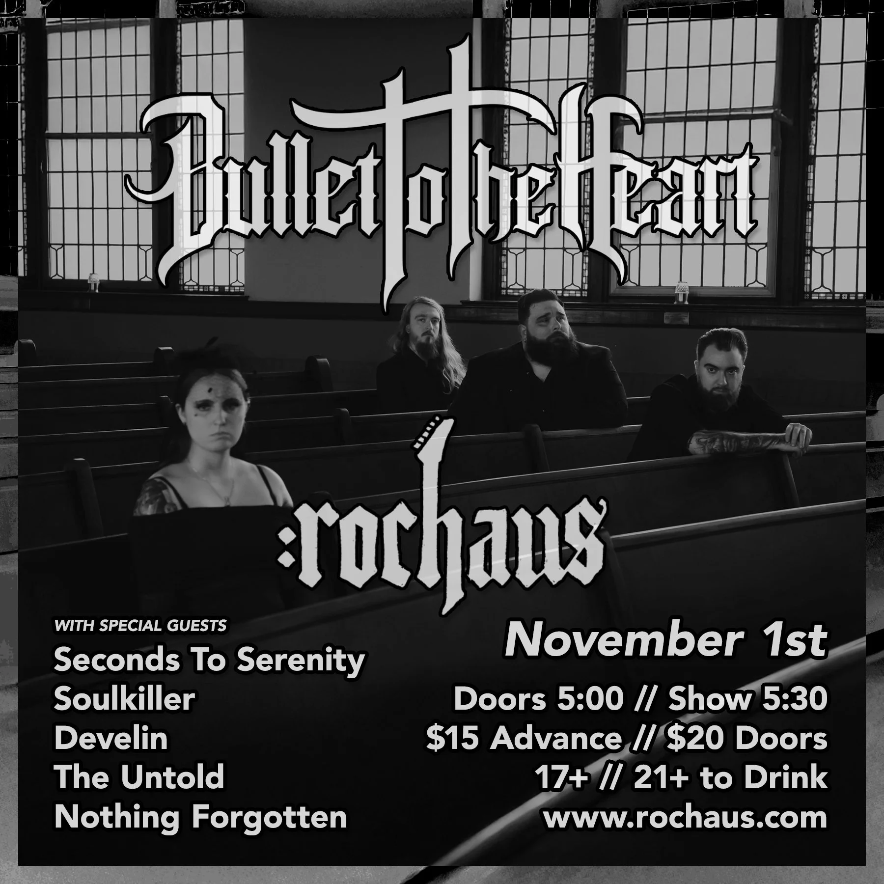 🔥 SHOW ANNOUNCEMENT 🔥
We’re stoked to announce that Seconds To Serenity will be hitting the stage at RocHaus in West Dundee, IL on Saturday, November 1st.
We’re honored to be supporting Bullet To The Heart as they celebrate Echoes: The