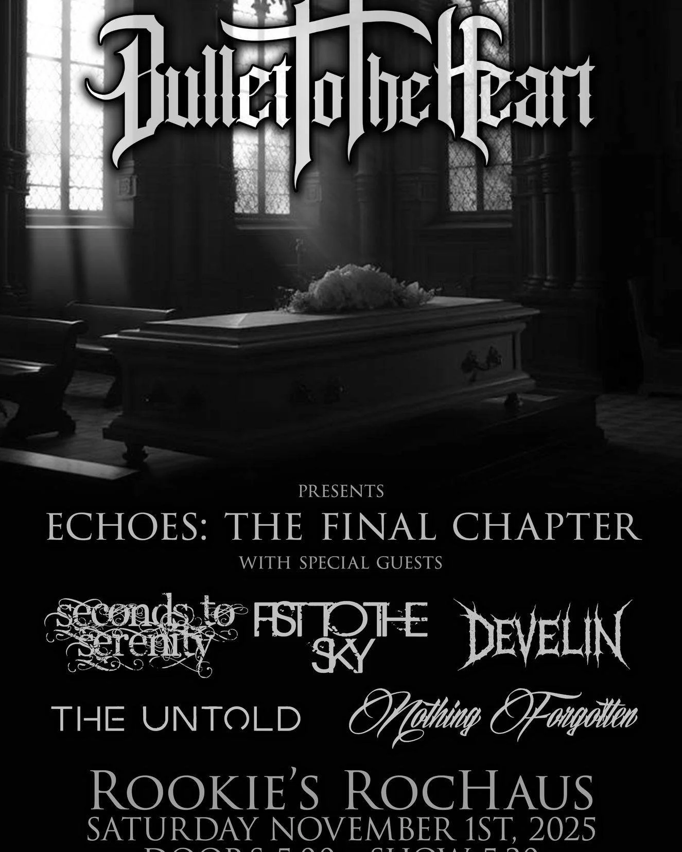 🔥 The Event of the Year is Coming to RocHaus! 🔥
Saturday, November 1st, West Dundee, IL is the place to be —
Bullet To The Heart headlines one last time, celebrating their final record, Echoes: The Final Chapter.
Joining them are:
⚡ Seconds