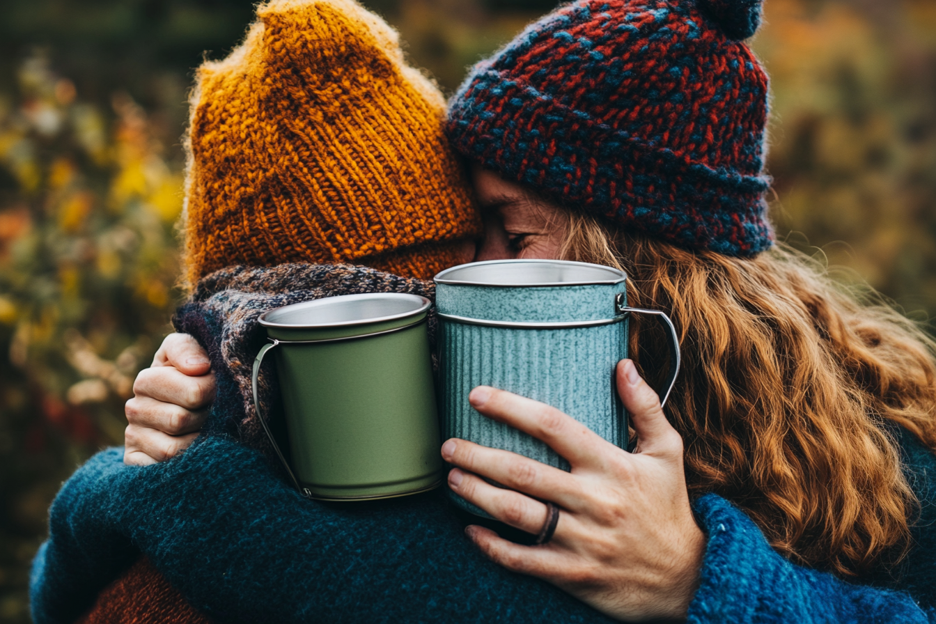 Two people hugging outdoors, wearing knitted hats and holding metal mugs, in a fall setting. Prodigal Heroes Community