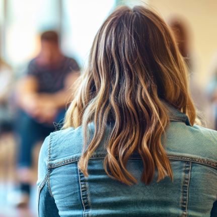 Woman in denim jacket with wavy hair. Safe space. Prodigal Heroes Community