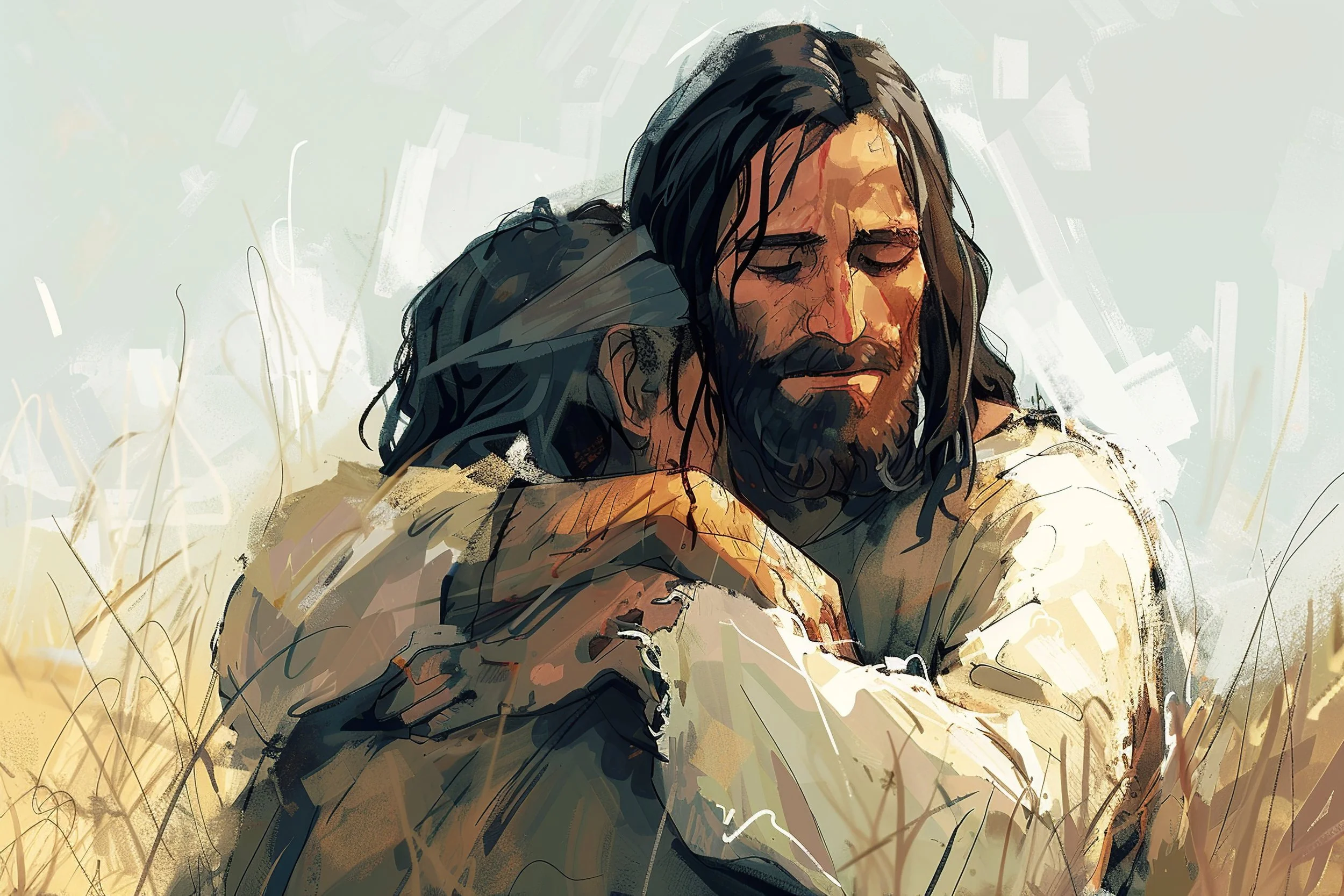 Illustration of two people embracing in a field, showing a sense of comfort and compassion. Prodigal Heroes Community