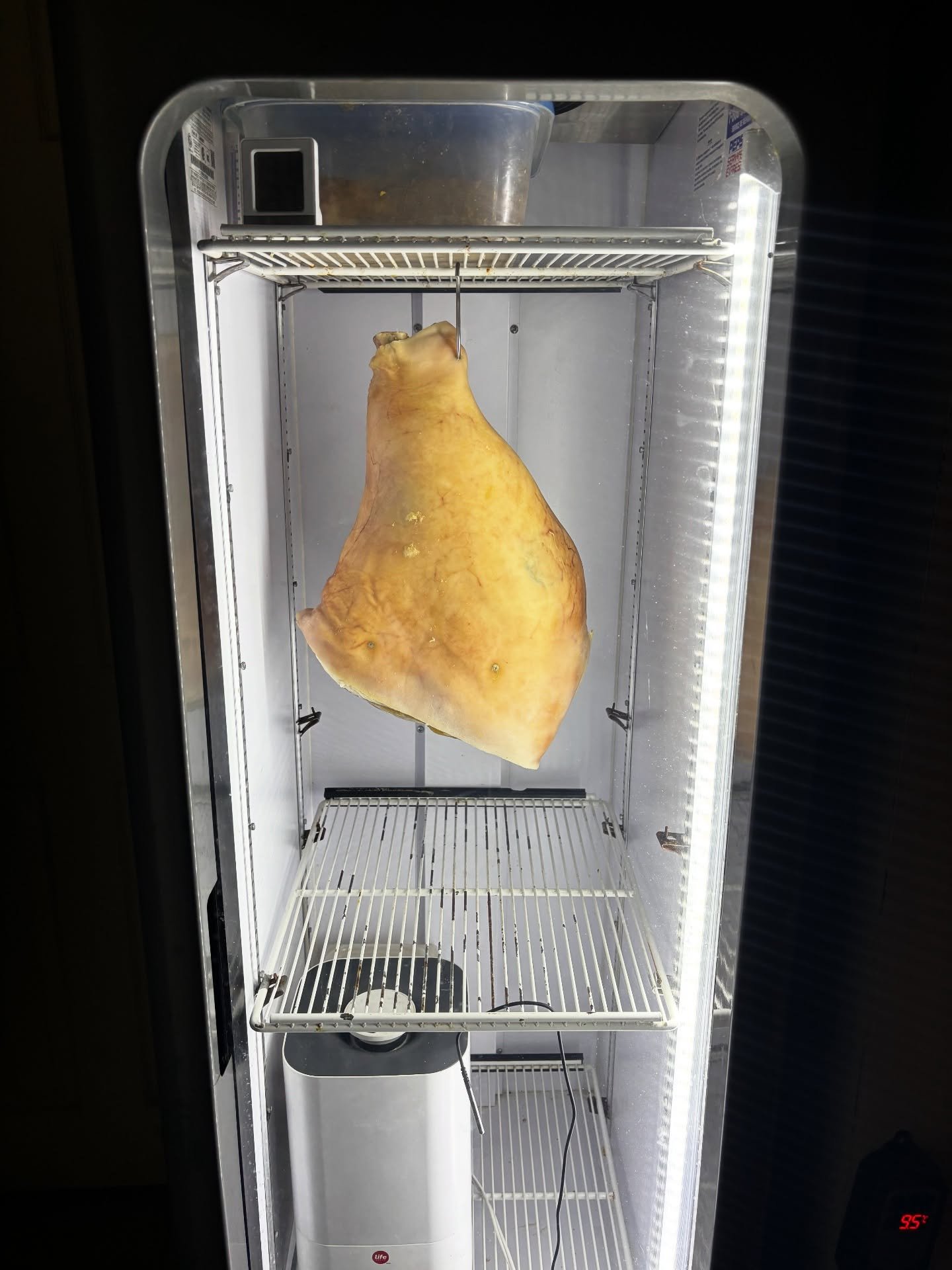 It has been salted for three weeks. Thereafter, Washed with vinegar, and now, we wait. Prosciutto to be ready for tasting menu in 1 year.