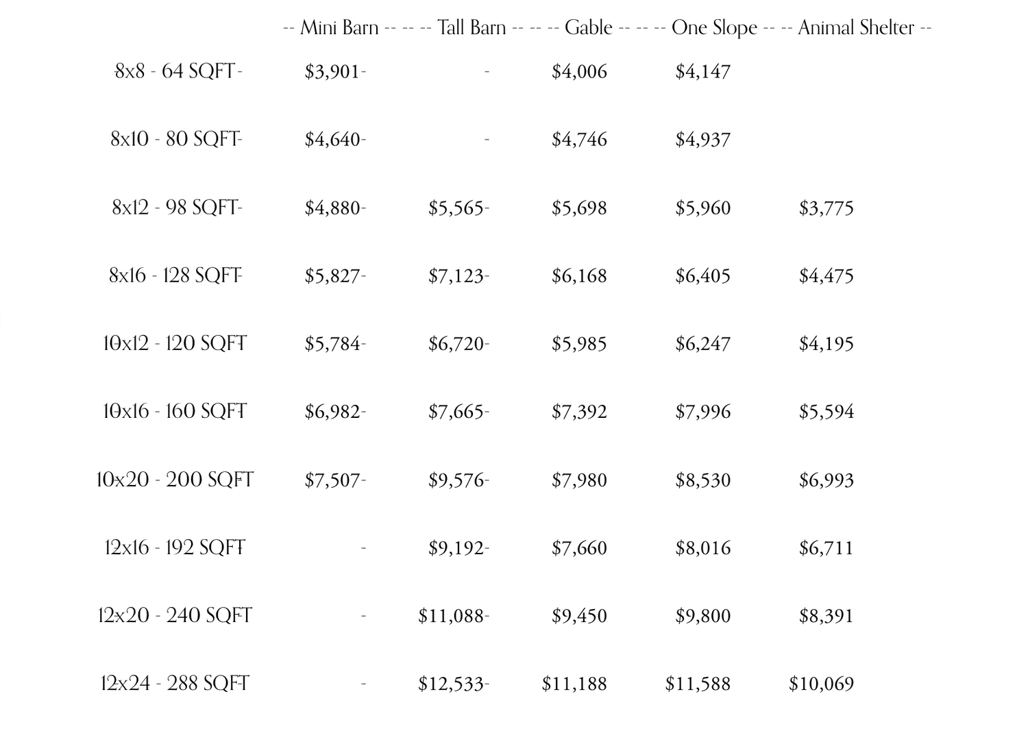 Price List — Miller Barns LLC