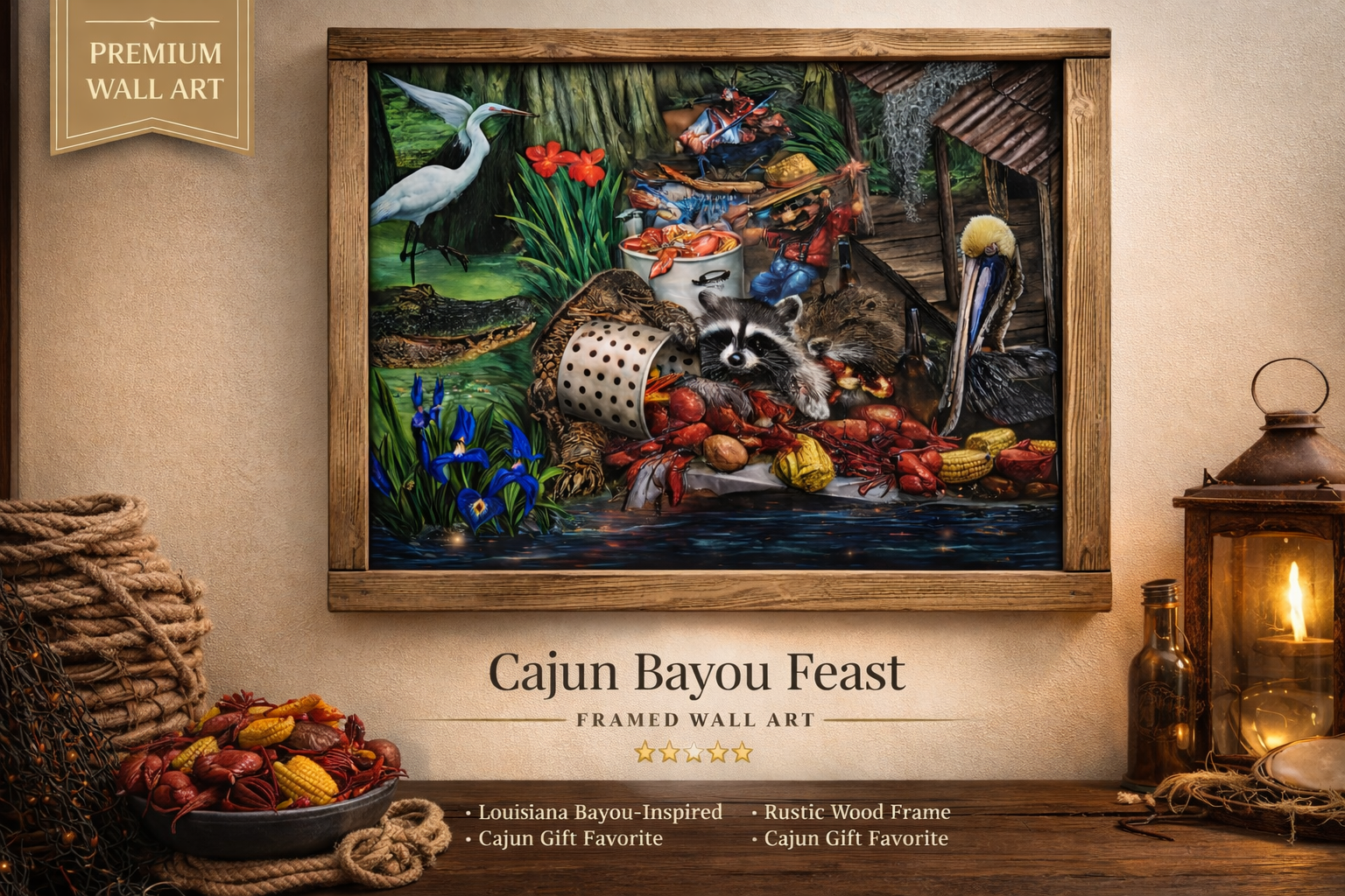 Framed wall art titled "Cajun Bayou Feast" depicts a Louisiana bayou scene with a raccoon, crocodile, pelican, and a variety of seafood and native plants.