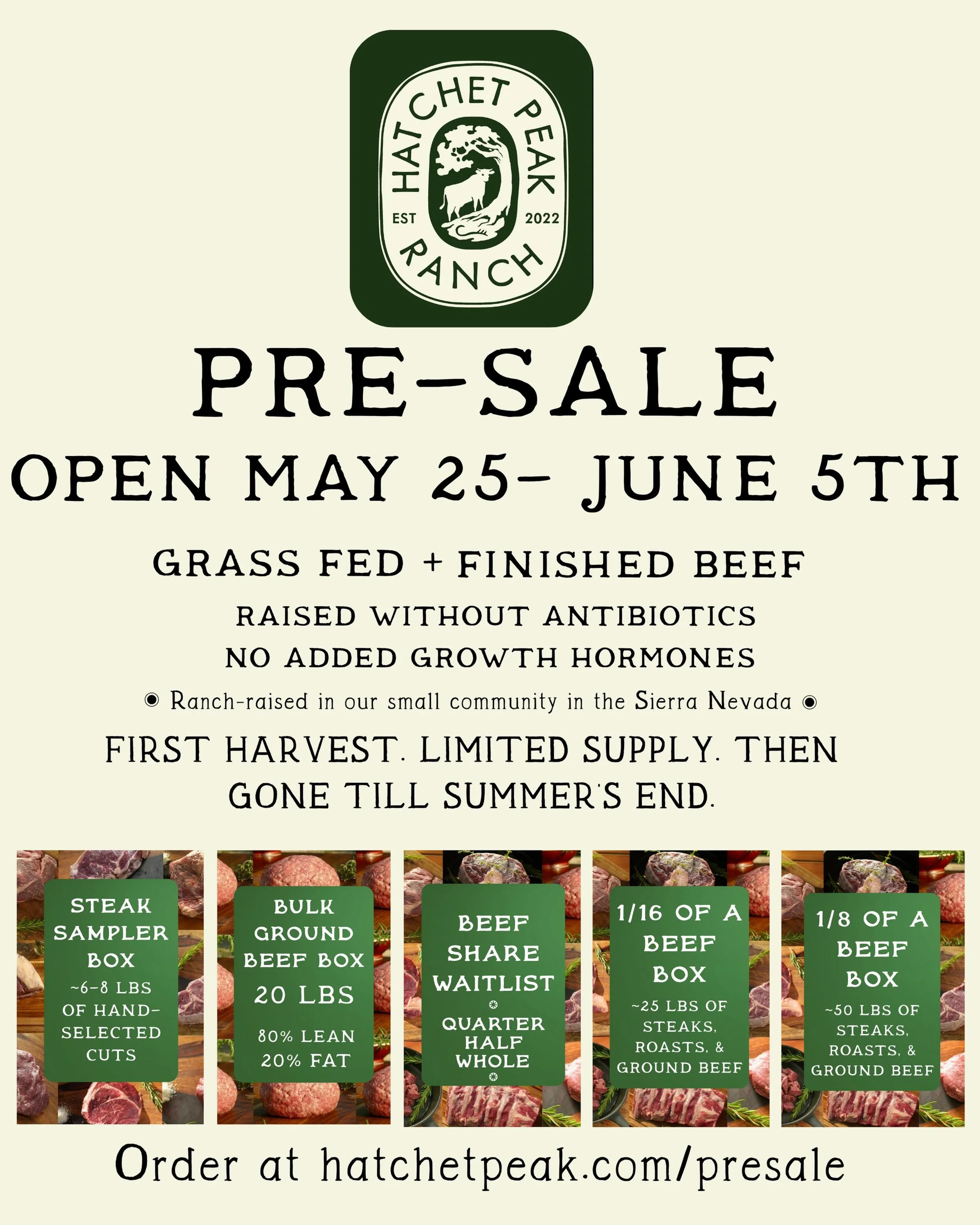 Our website will be open for our two week pre-sale starting this Monday🥩

Local deliveries can be expected the second week of June

Shipped deliveries will go out June 15th

Beef Share orders will be scheduled as soon as they&rsquo;re made and will 