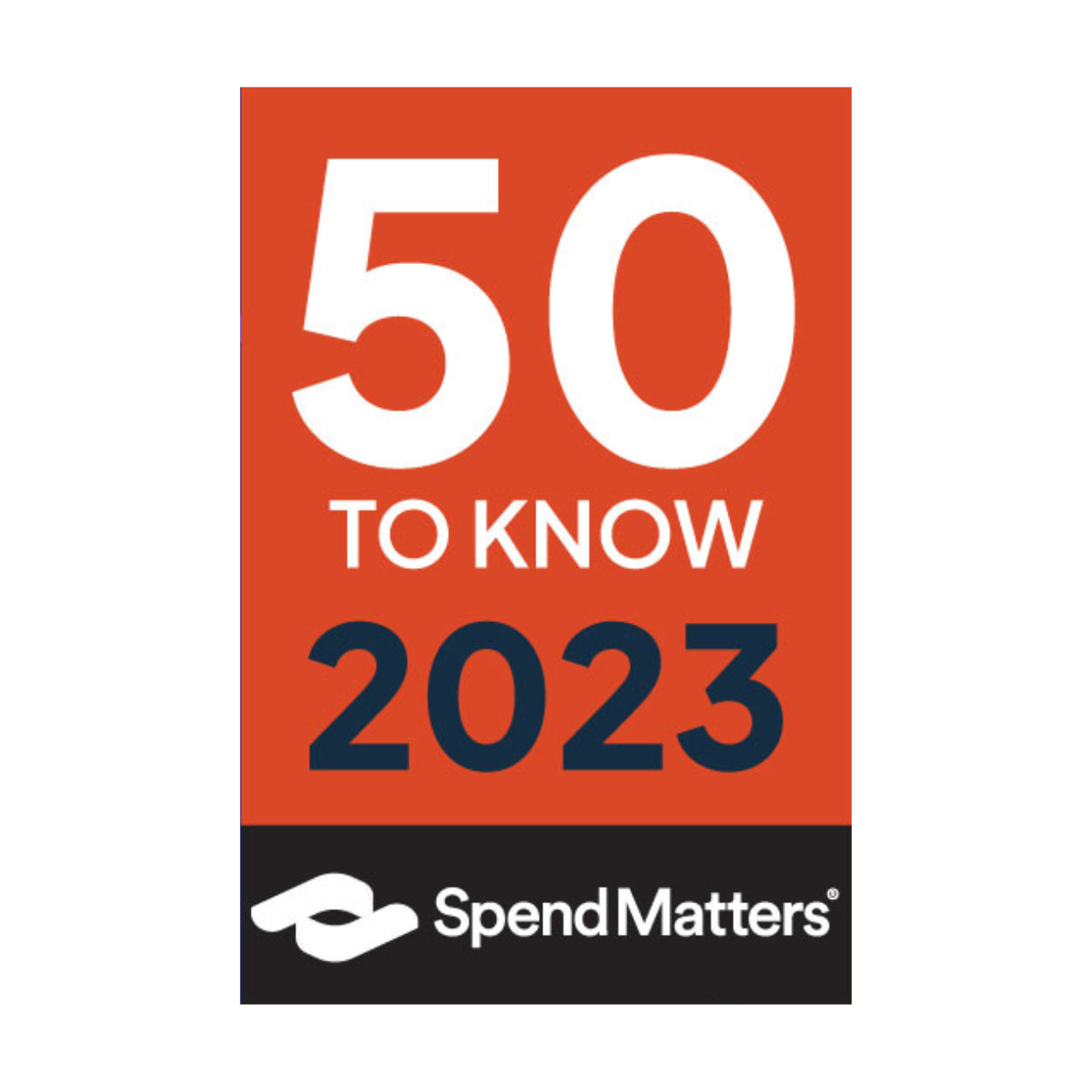 A graphic with a red background displaying the text "50 to Know 2023" in large white and dark blue letters, and the Spend Matters logo at the bottom.