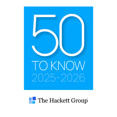Cover page of a report titled '50 to Know 2025-2026' by The Hackett Group, with a blue background and white text.