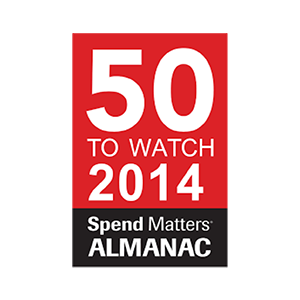 Red and black cover of a 2014 Almanac titled "50 to Watch" with the subtitle "Spend Matters" and "ALMANAC" in bold white letters.