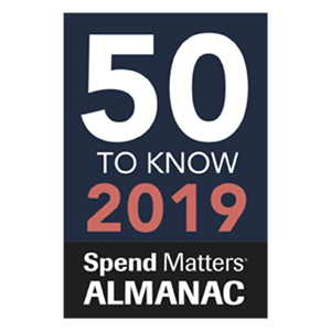 Publication cover titled '50 to Know 2019', featuring the subtitle 'Spend Matters Almanac' in black, white, and maroon colors.