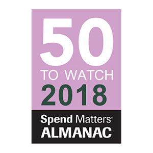 Purple and white graphic with text reading "50 to Watch 2018" and black section at the bottom that says "Spend Matters Almanac."