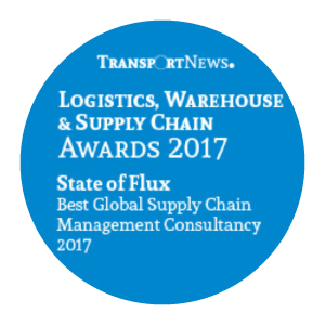 Blue circular logo for the 2017 Transport News Logistics Warehouse and Supply Chain Awards, featuring text about the awards and consultancy.