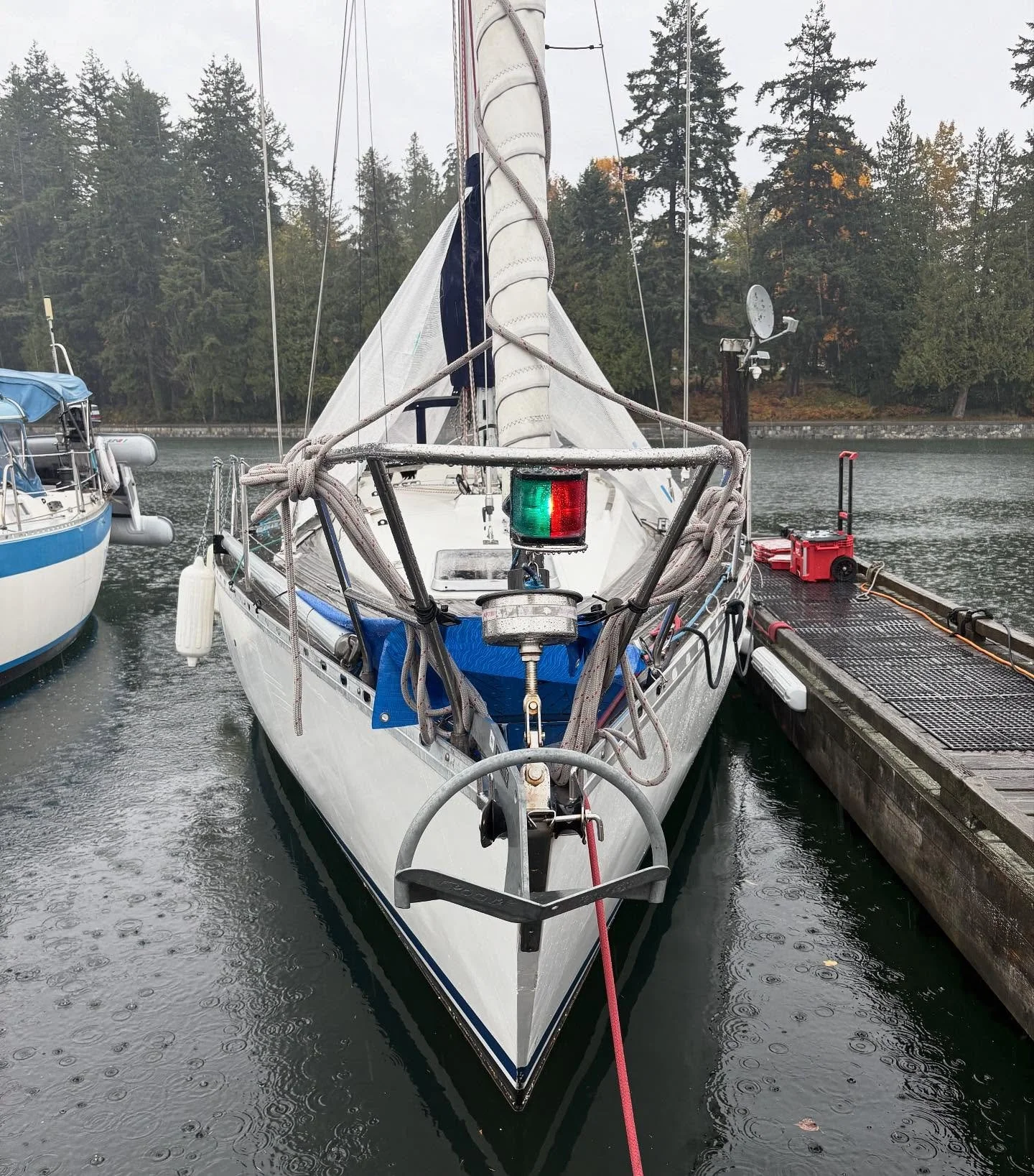 New double insulated wire run from breaker panel to nav light with new LunaSea waterproof LED Nav light bulb rated for 2nm visibility to meet TC Regulations and keep this vessel visible at night and restricted visibility.