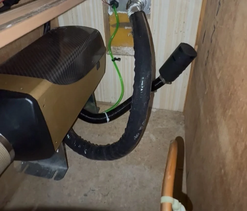 Diesel heater install on another houseboat. Fuel line and fuel pump wiring run to aft deck where fuel is supplied via swap-able external tanks