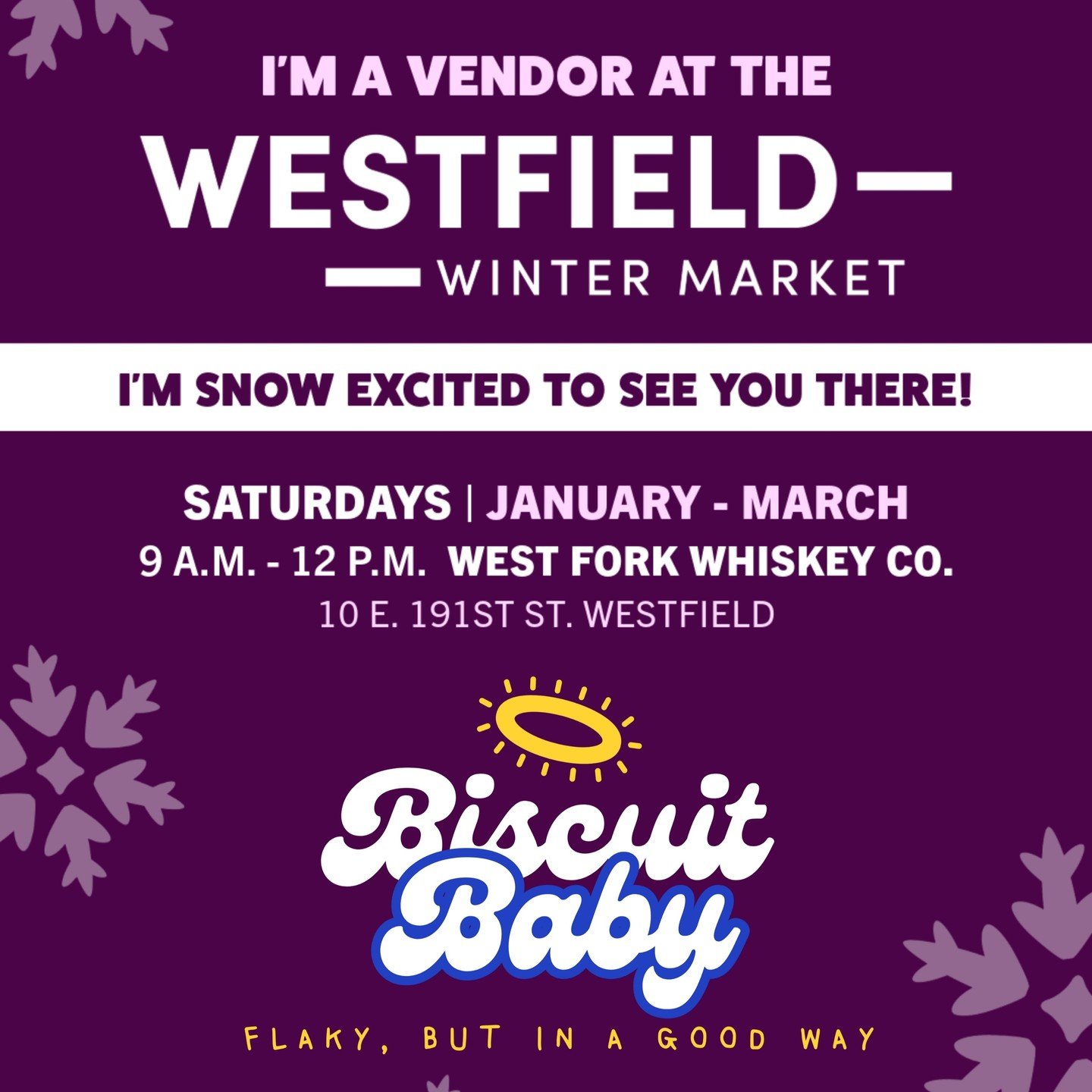 I&rsquo;m snow excited to officially say it ❄️
Biscuit Baby will be at the Westfield Winter Market all winter long!
Every other Saturday, January&ndash;March. Starting Jan 17th!
Come say hi and get your best bfast face on! 🤍🧈